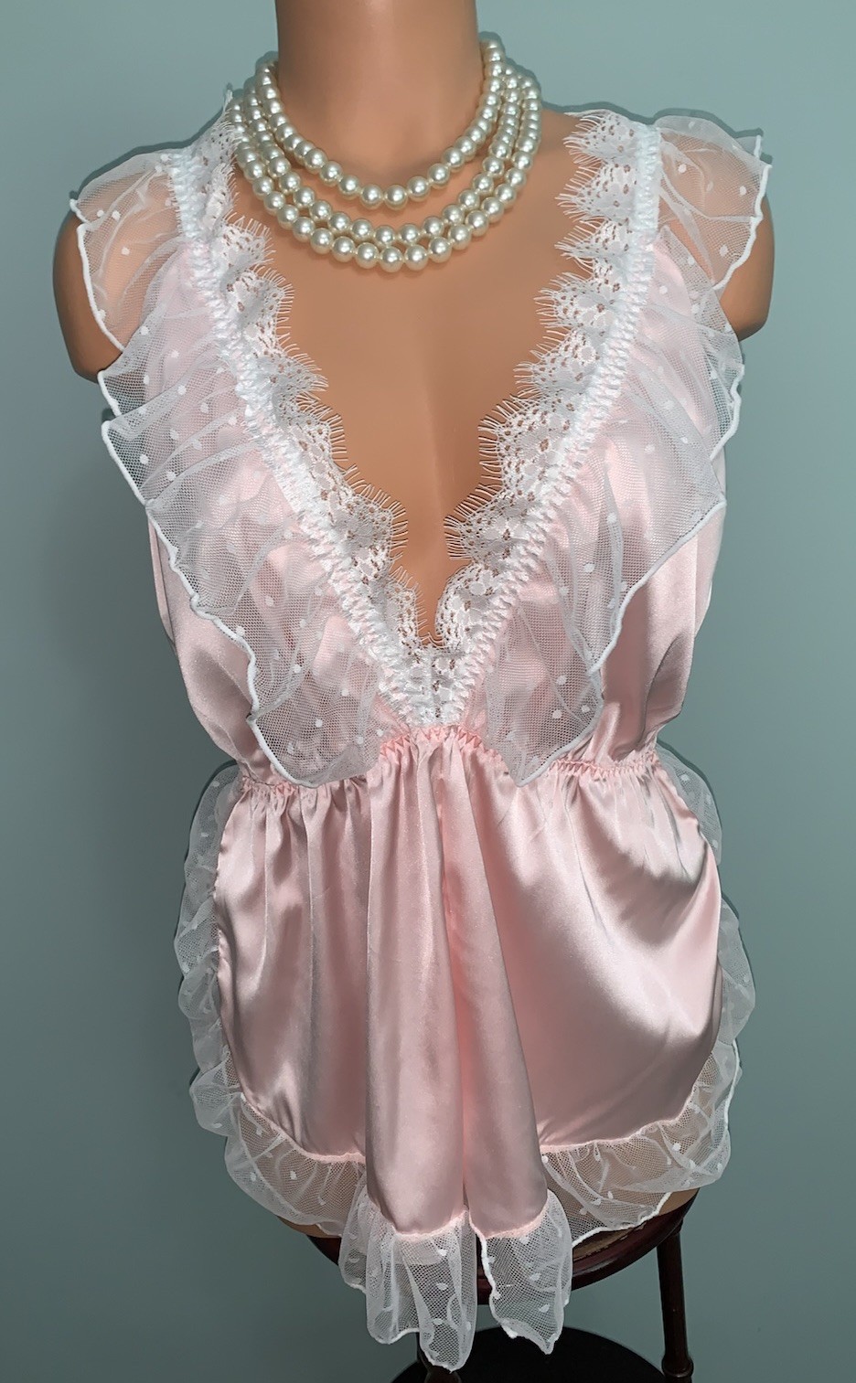 NEW GloSSy Satin Romper Bodysuit Teddy 2X Frilly SOFT Pink Polkadot Fairycore