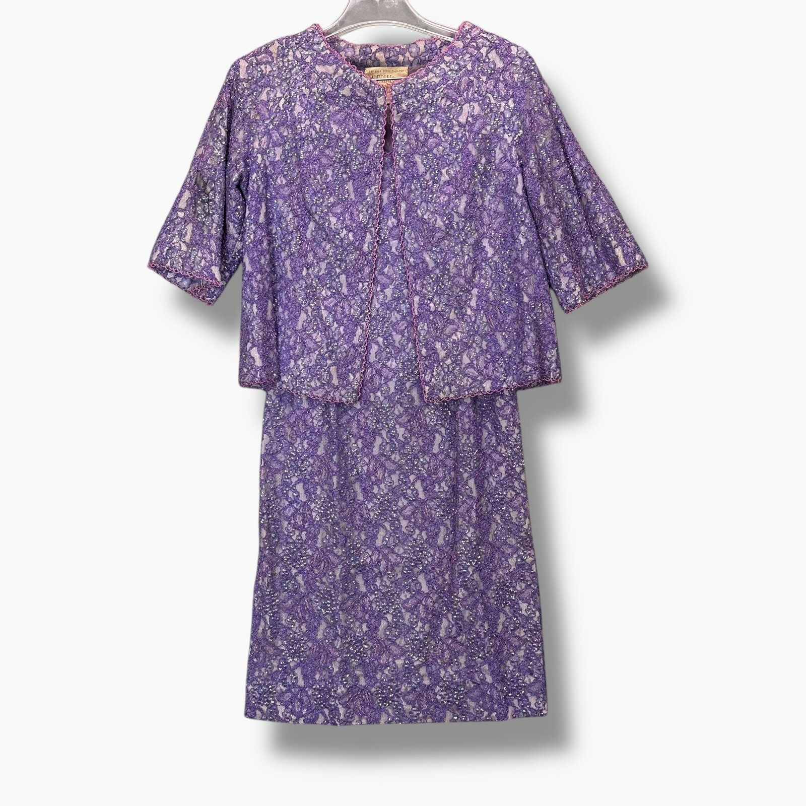 Vintage 60s Purple Mod Mini Dress Jacket Set Jackie Kennedy Lace Sequin Size 10
