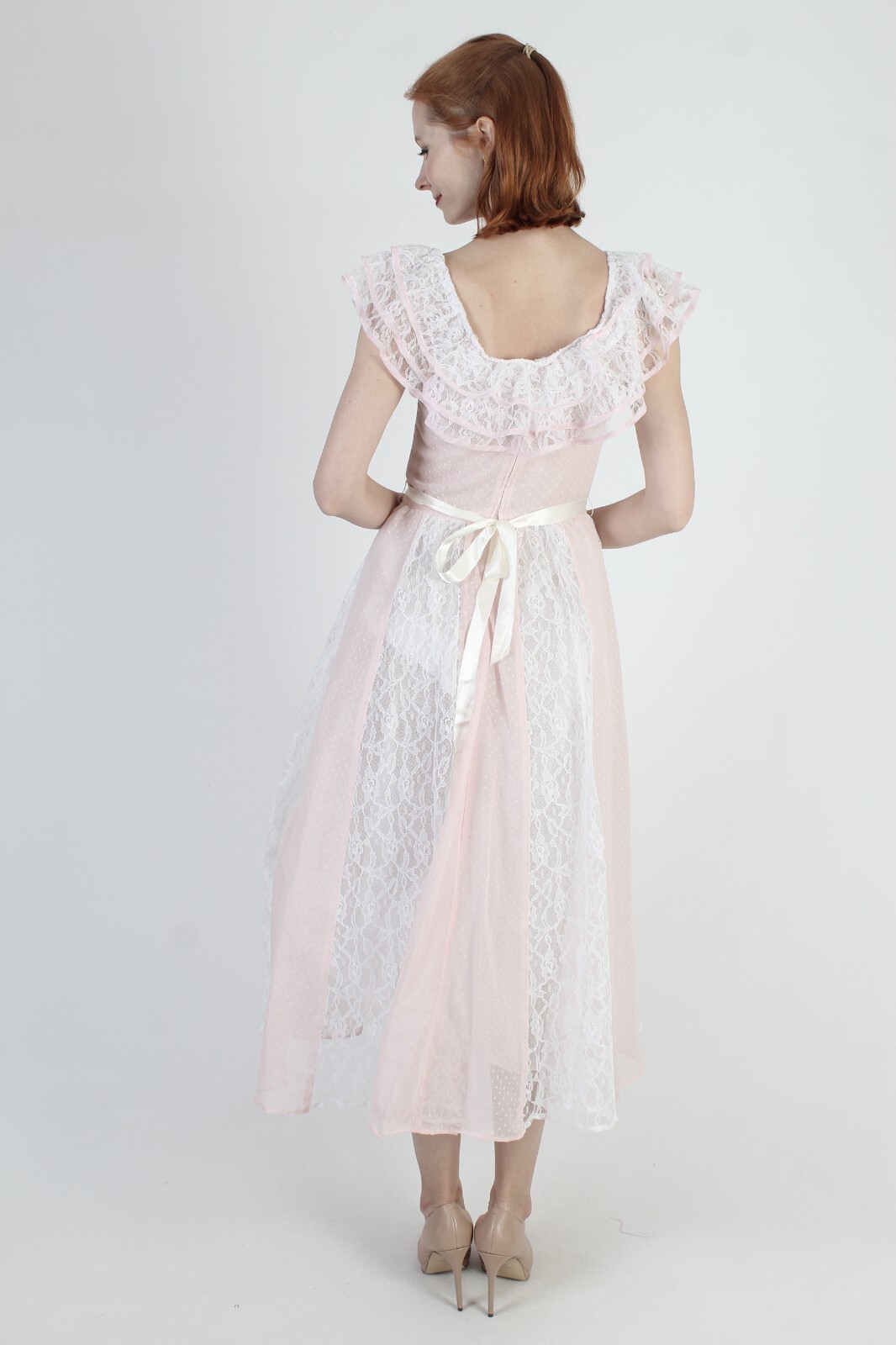 Vtg Pink Polka Swiss Dot Dress 70s Romantic Country Saloon Off Shoulder Dress