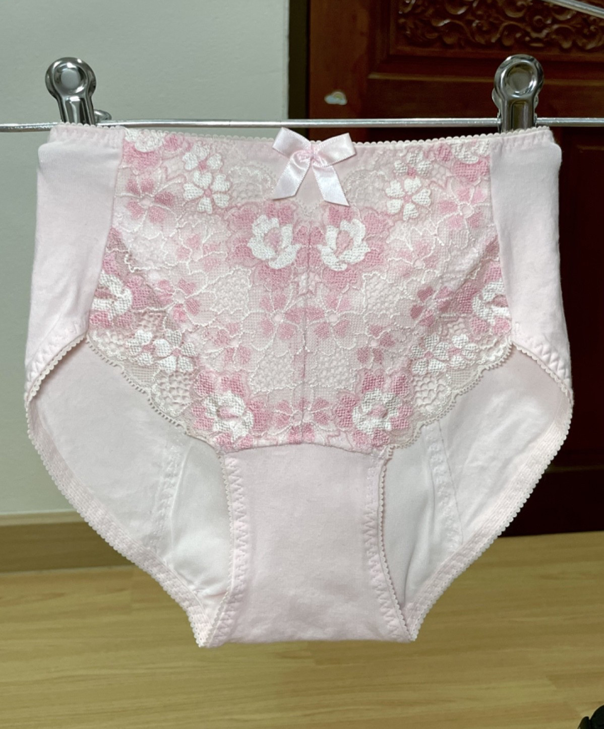 Vintage Silky Pink Cotton Panty Nylon Floral Lace Bikini High Waist Brief Sz.5