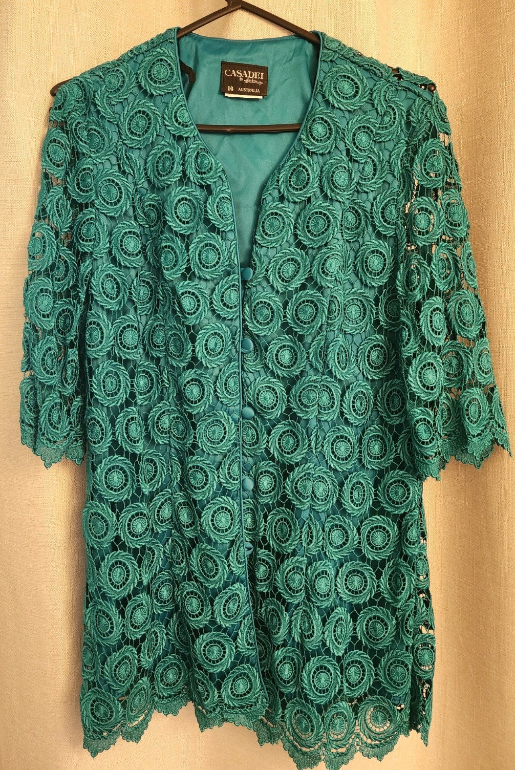 Vintage Casadei by Stitches Teal Crochet Lace Jacket Size 14 Made in Australia