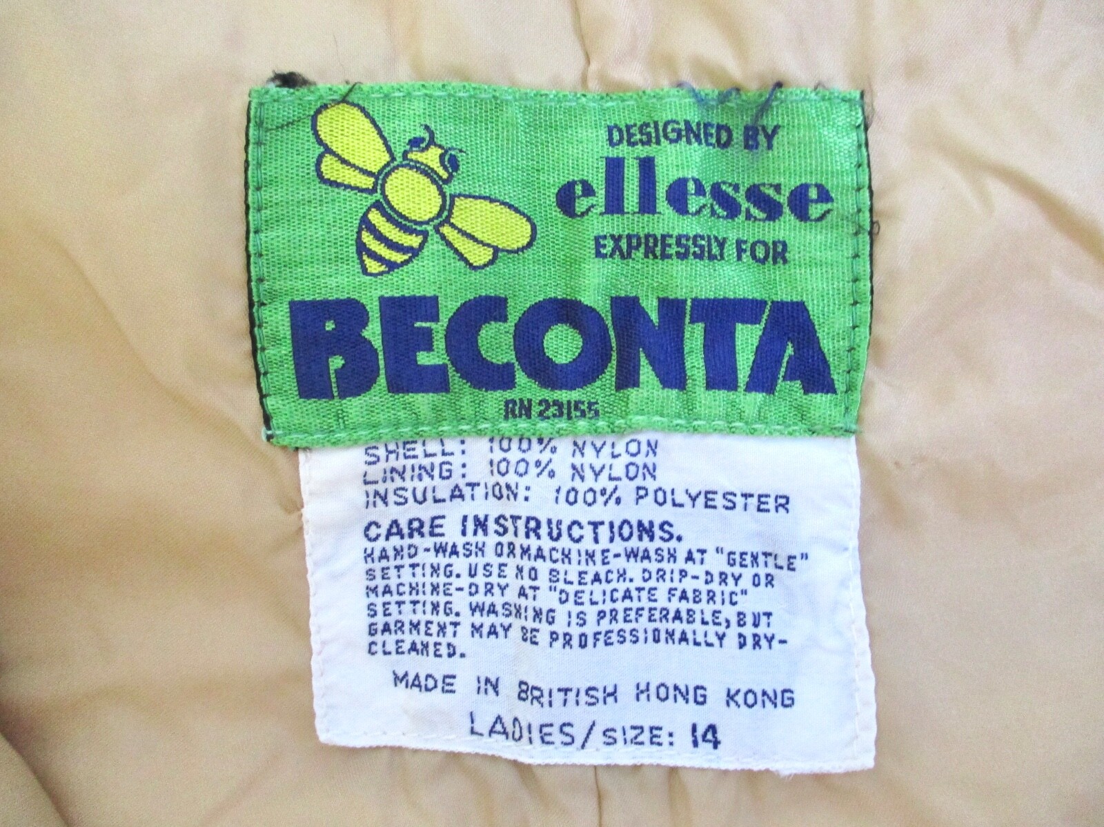 Vtg 70s Ellesse Beconta tan nylon puffer ski bibs jumpsuit adjustable Women’s 14