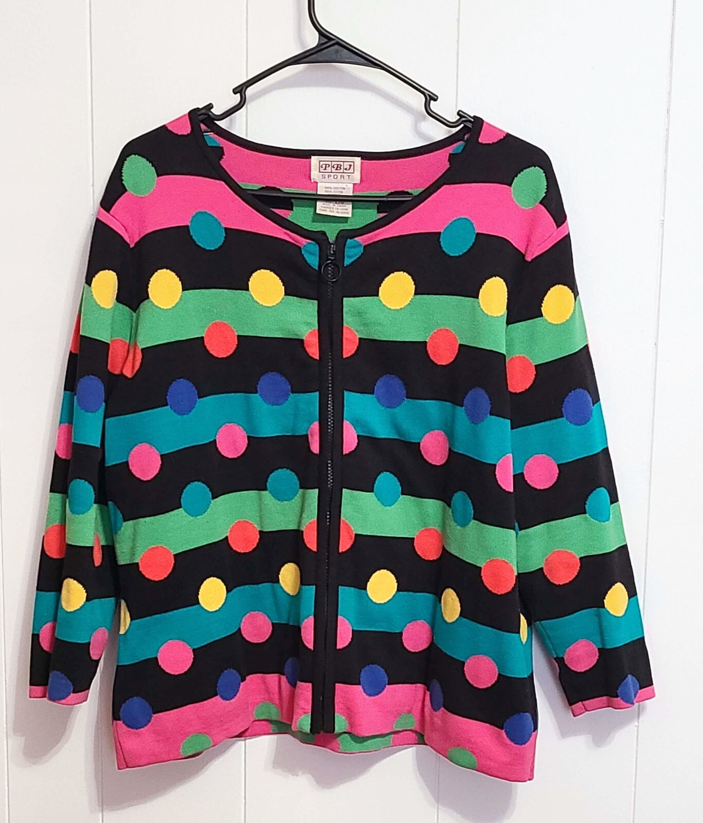 Vintage 90s PBJ Sport Zip Up Sweater Womens L Rainbow Geometric Stripe Polka Dot