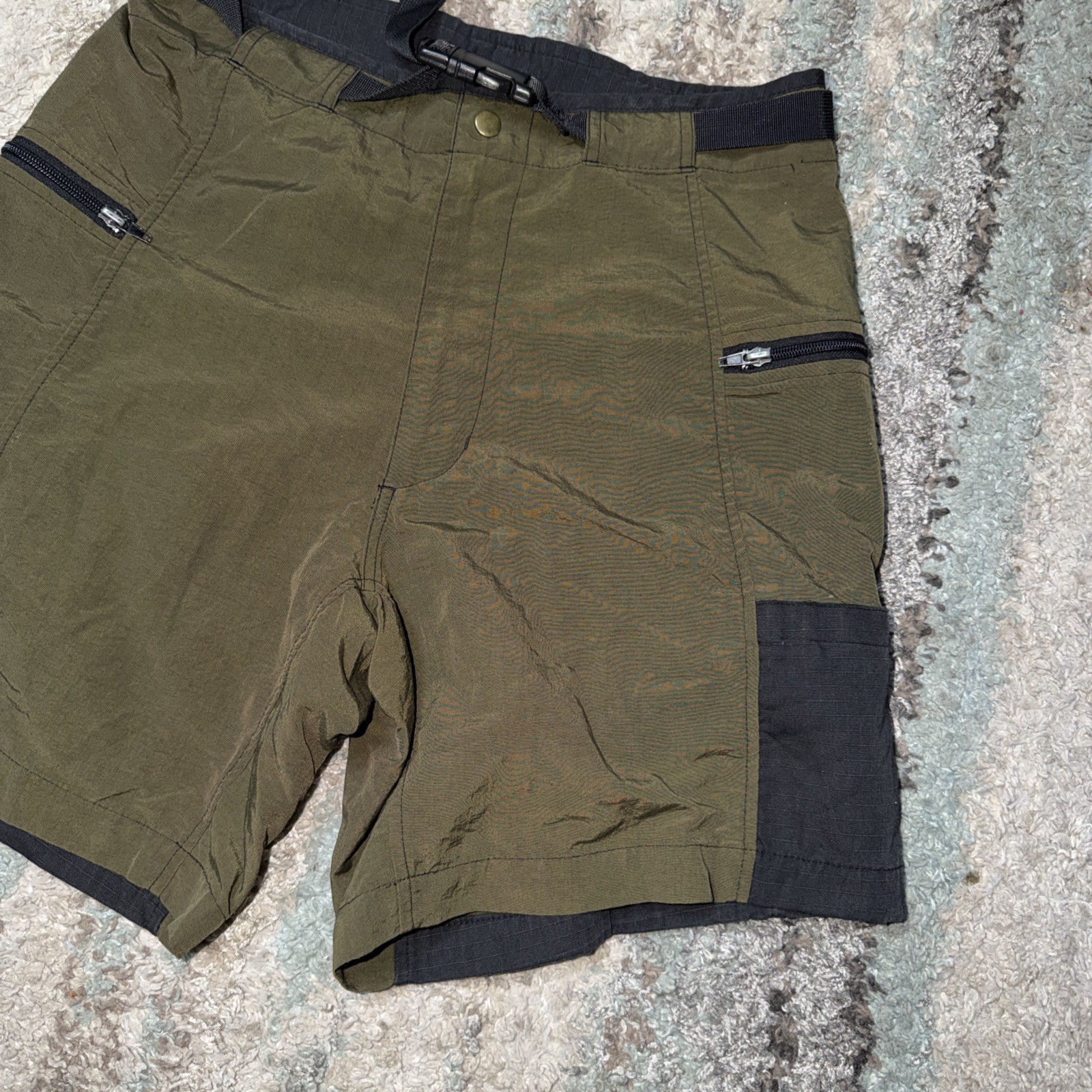 Vintage 80s 90s Last Chance Sportswear Nylon Olive Green Belted Shorts Size 32