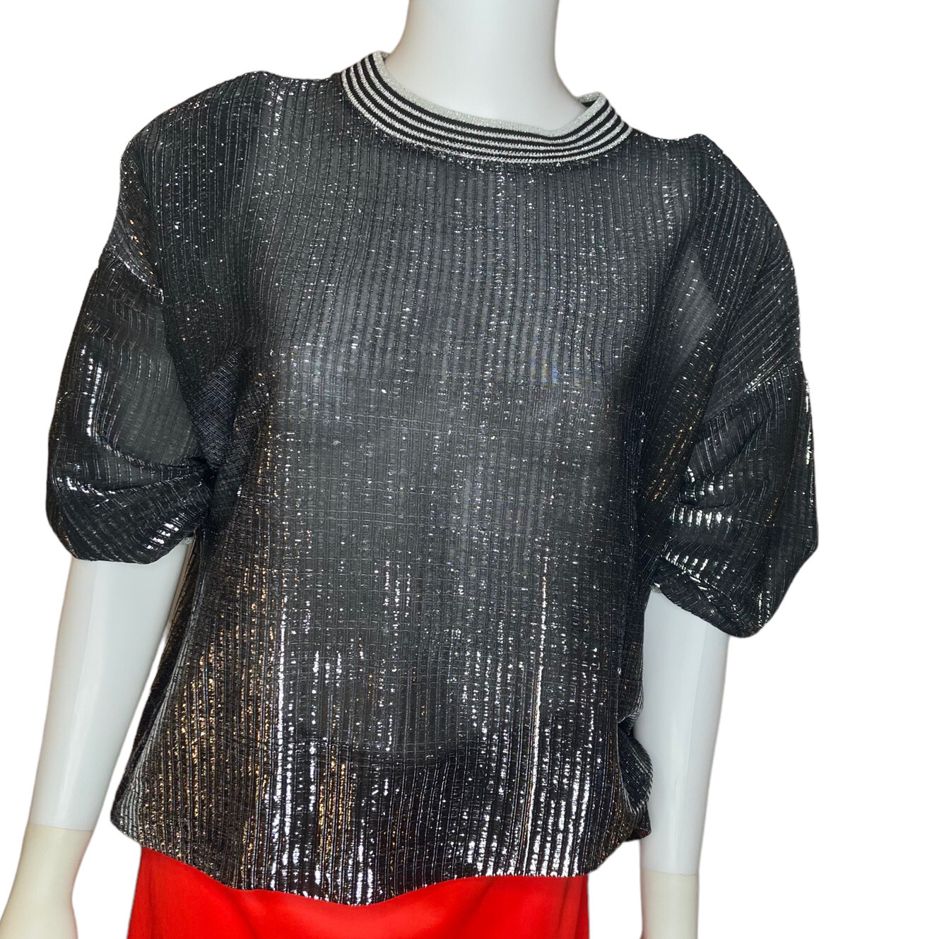 Vintage 80s Highlight California Silver Metallic Striped Semi Sheer Top sz L