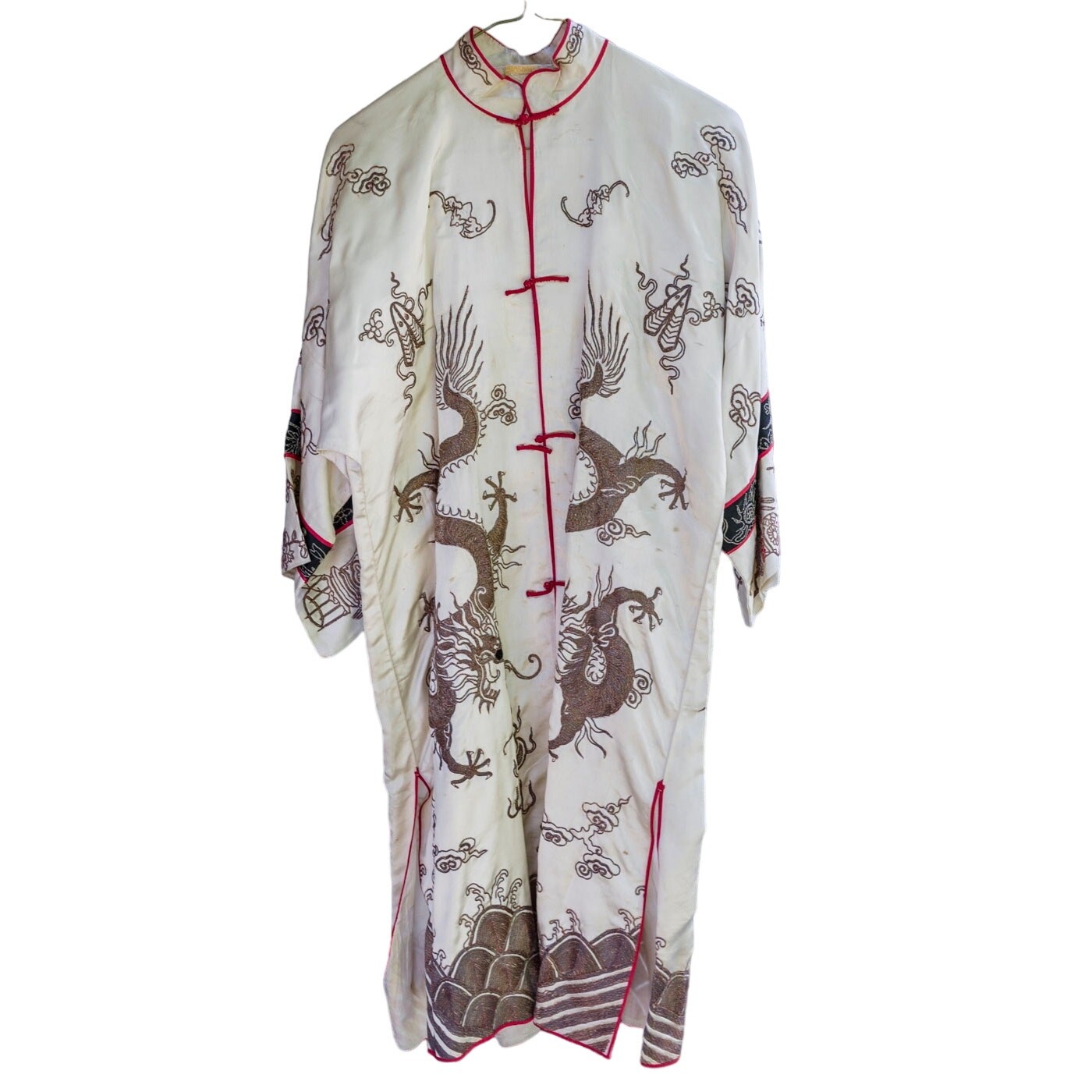 Silk Embroidery Chinese Robe Dragons Gold Thread WWII Era 1940’s