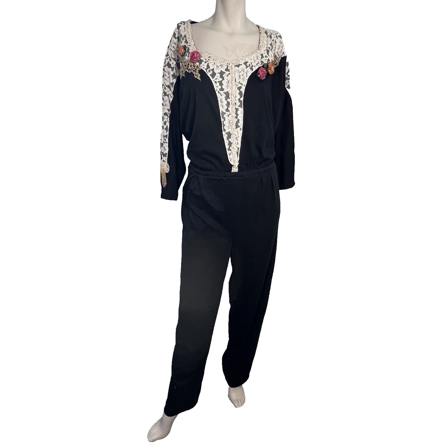 Lacy Afternoon Shell Kepler Jumpsuit Womens L Black Lace Floral Corsage Boho