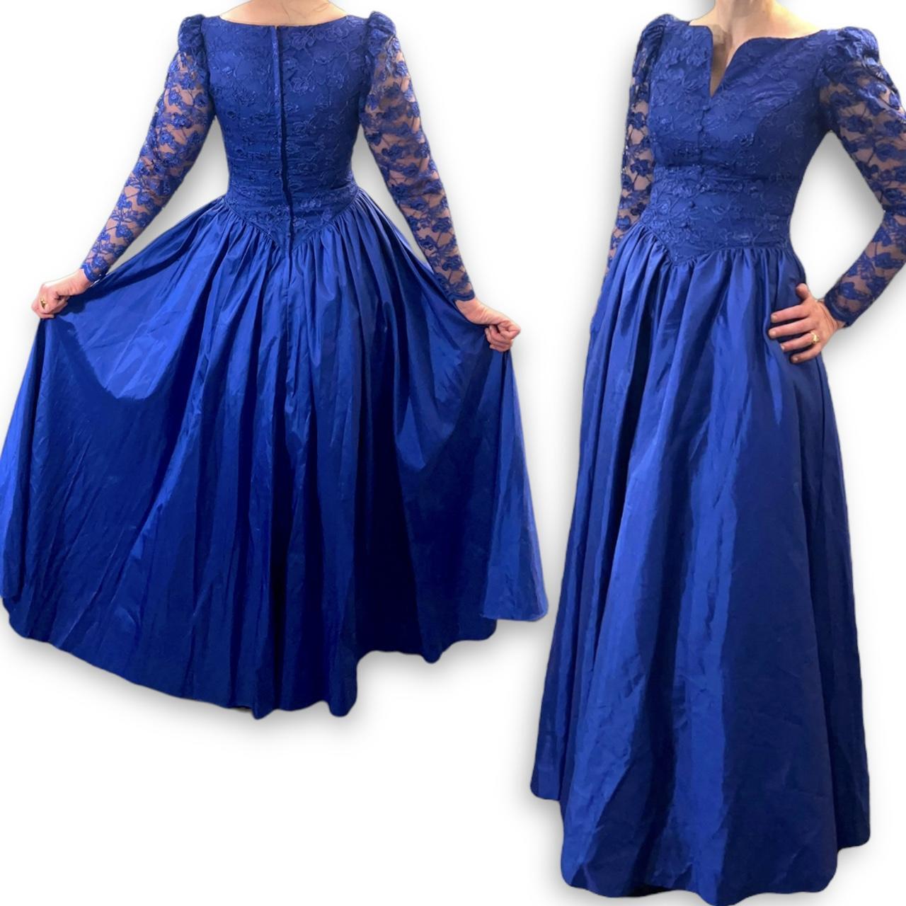 Vintage Blue Lace Long Dress Puff Sleeve Full Skirt Princess Fairy Ball Gown 70s