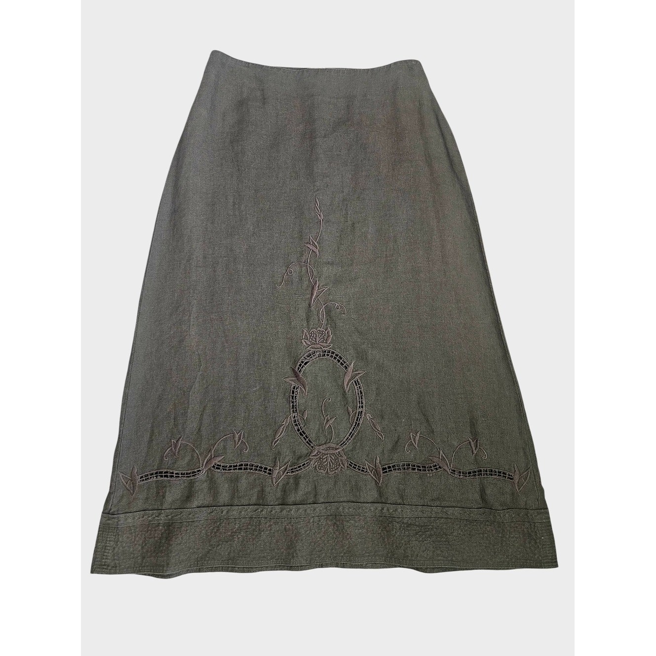 Cabi Chocolate Brown Linen Embroidered Skirt Sz 12 Boho Cottage Prairie Peasant