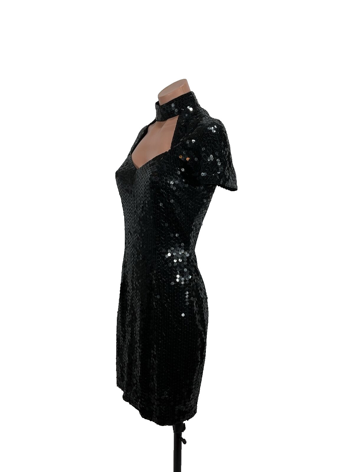 Vtg Nite Line Della Roufogali Sequin Caged Neck Mini Cocktail Dress Formal 6 90s