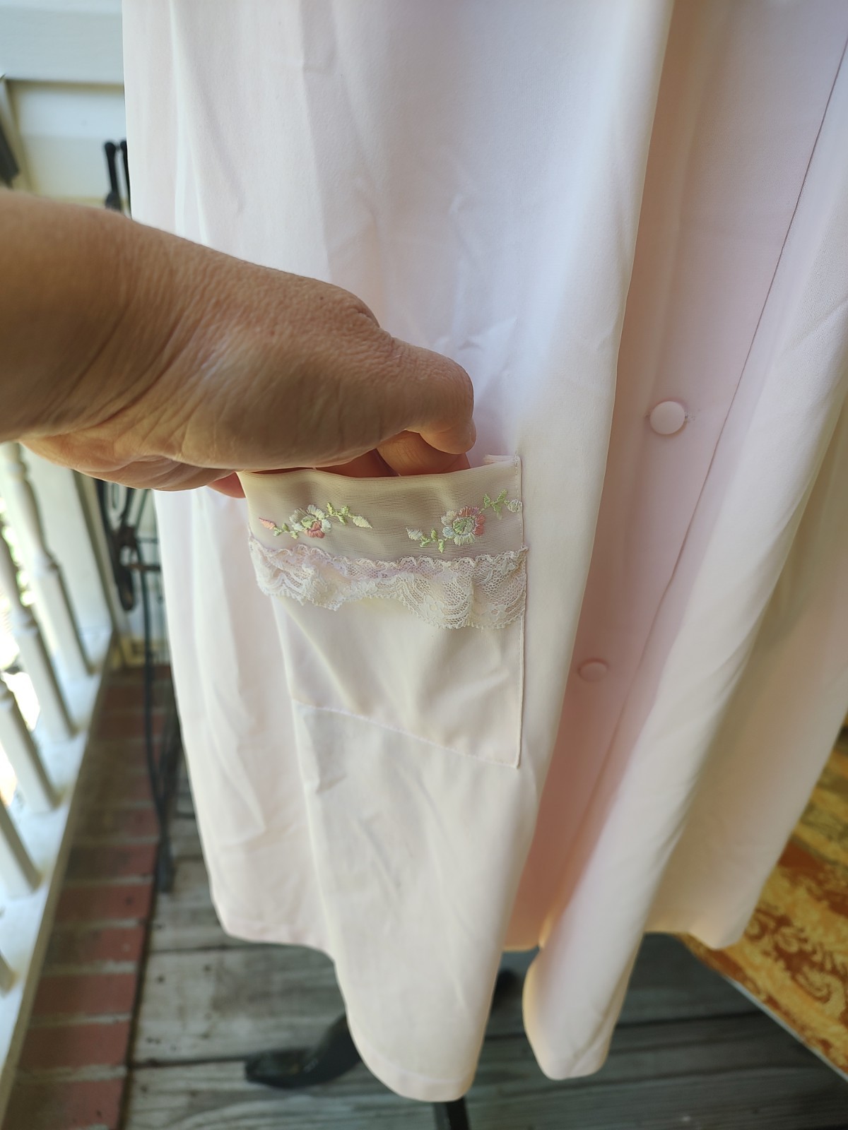 Vintage Shadowline Pink Peignoir Nylon Lace Embroidery Button Front Pocket Sz M
