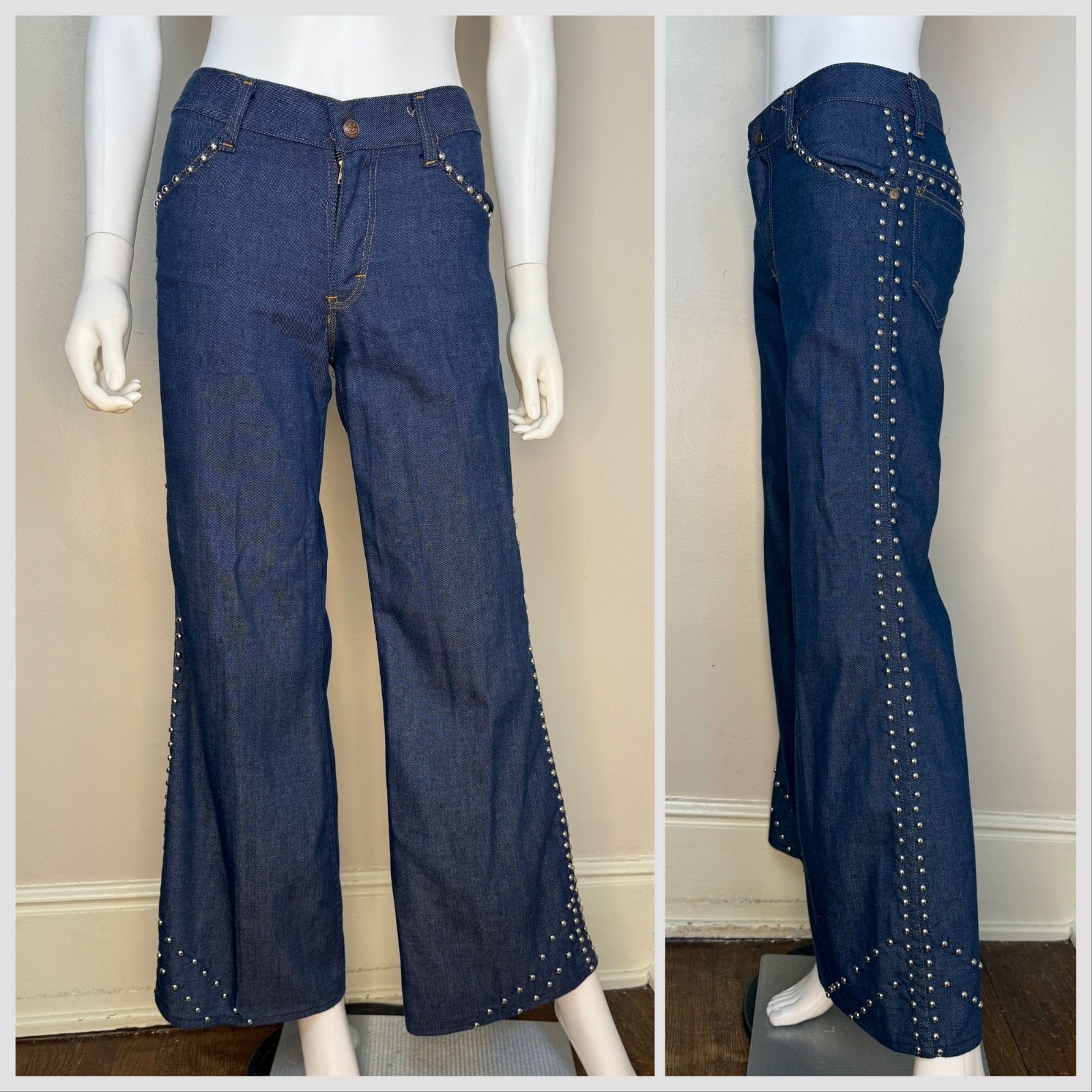 Vtg 1970s Flare Leg Studded Jeans 70s Lemon Frog Shop Sears 29×30.5 Flare Leg