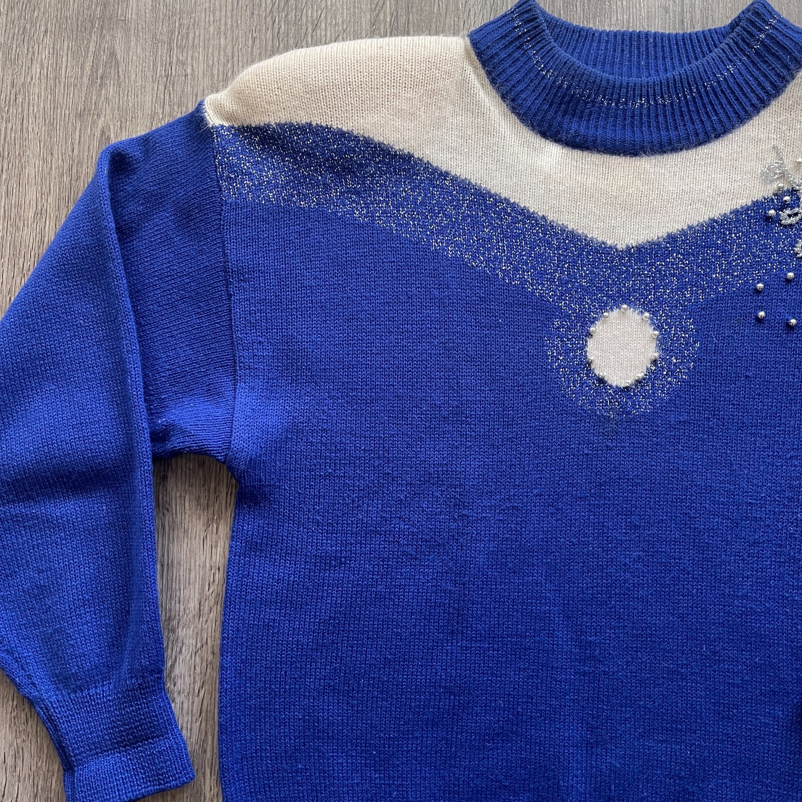 Vintage 90s Koret Royal Blue White Silver Beaded Yoke MockNeck Sweater Size Med