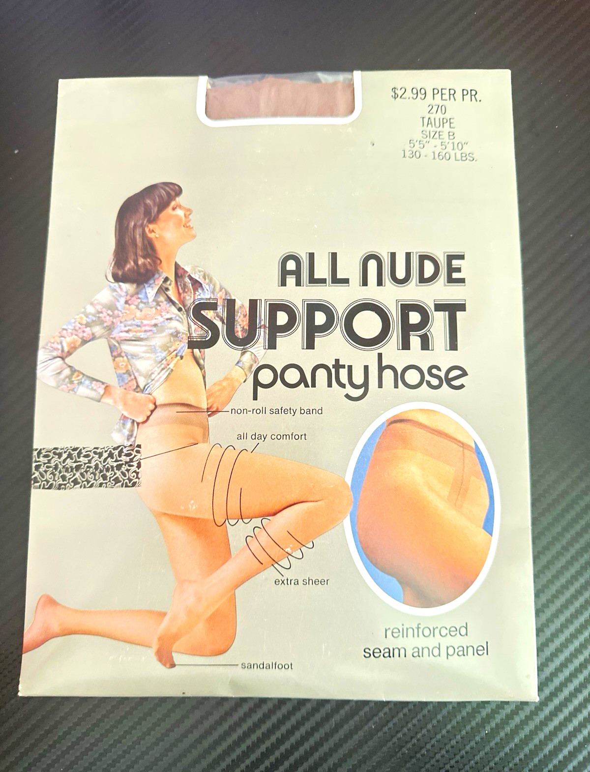 Vintage All Nude Support Pantyhose Taupe Size B Reinforced Panel USA NOS