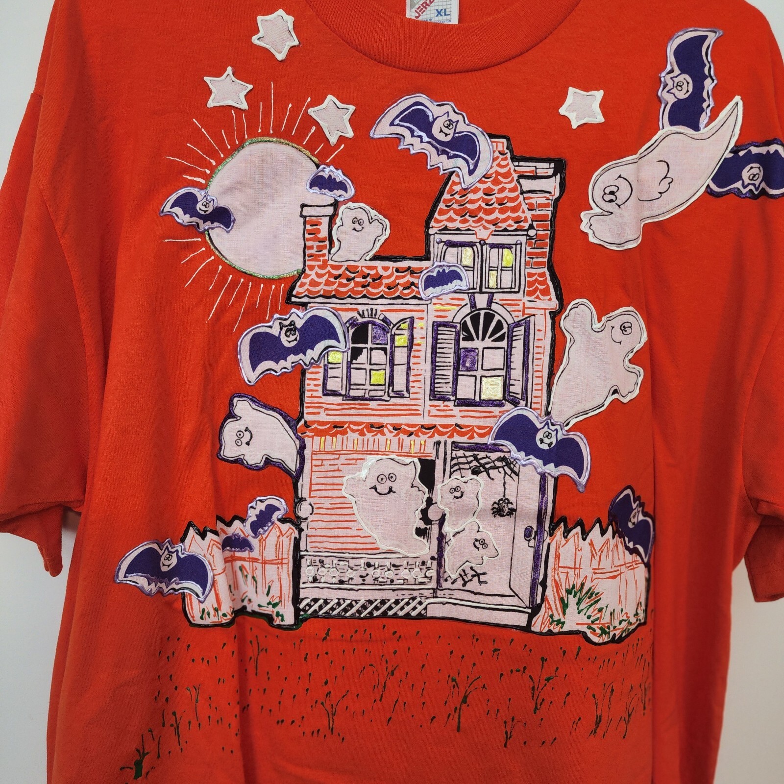 Vtg Jerzees Tee Painted Halloween Pumpkin Bats Ghost Haunted House 80’s 90s XL