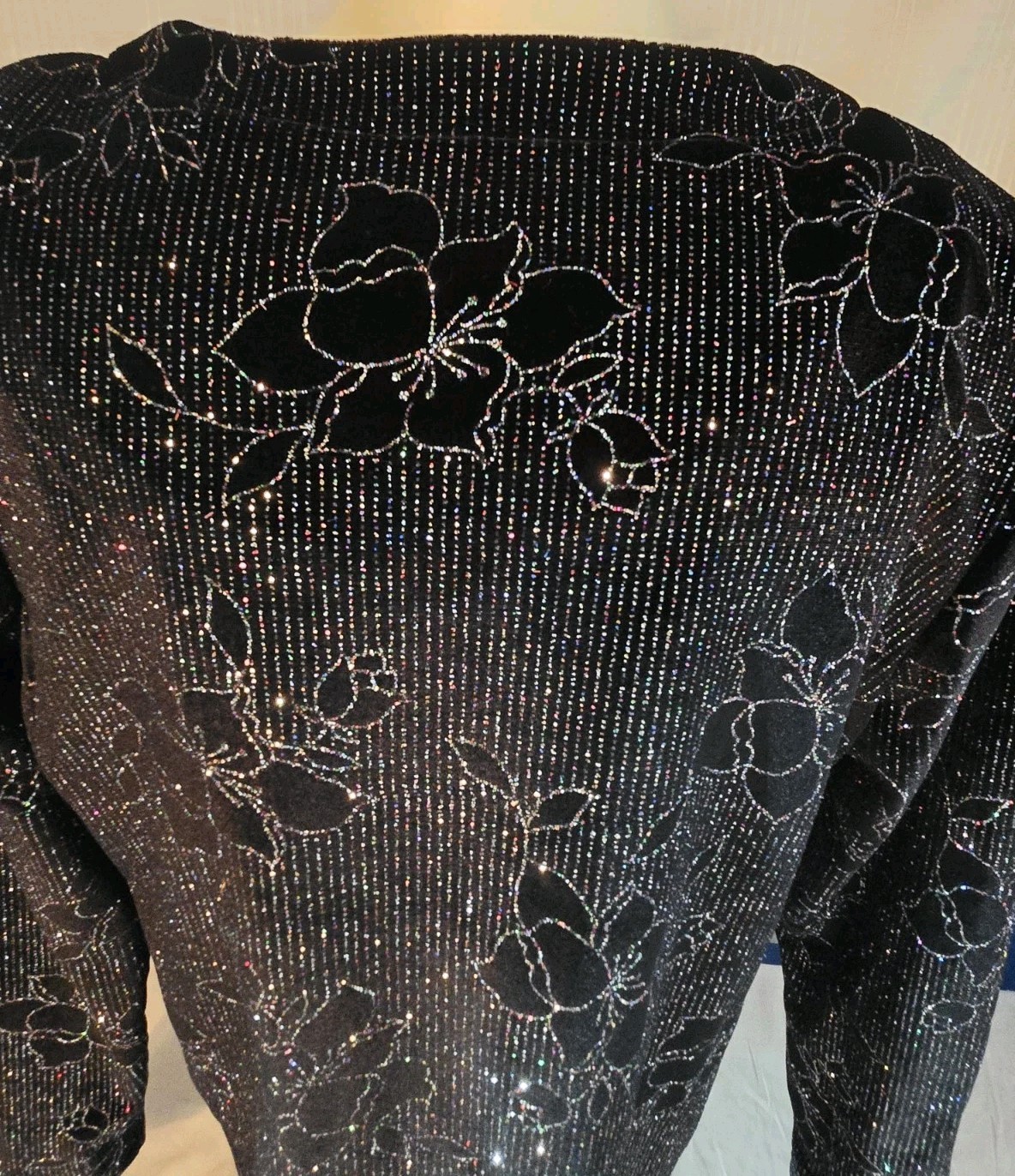 VTG Moonlighting Womens Black Velvet Tank Top With Glitter Flower Jacket Sz M