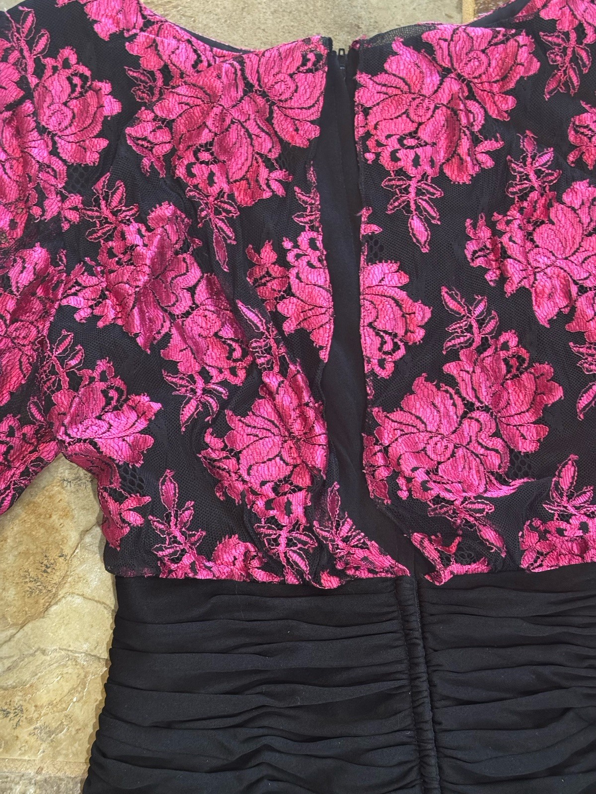 VTG Jill Richards French Lace Gown Dress Pink Midi Black 80s Ruched Size 6 8
