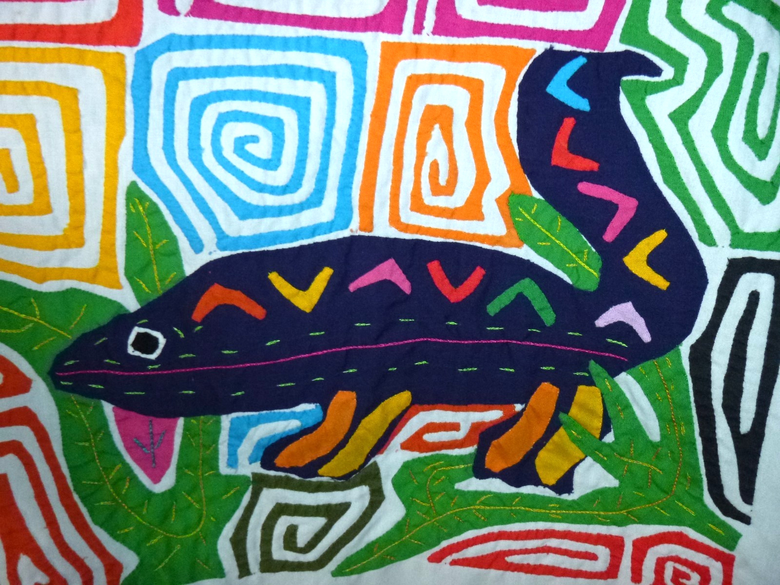 Vtg 70s Seds Crafts Mola Panama Reverse Applique Dress Fish Geckos One Size