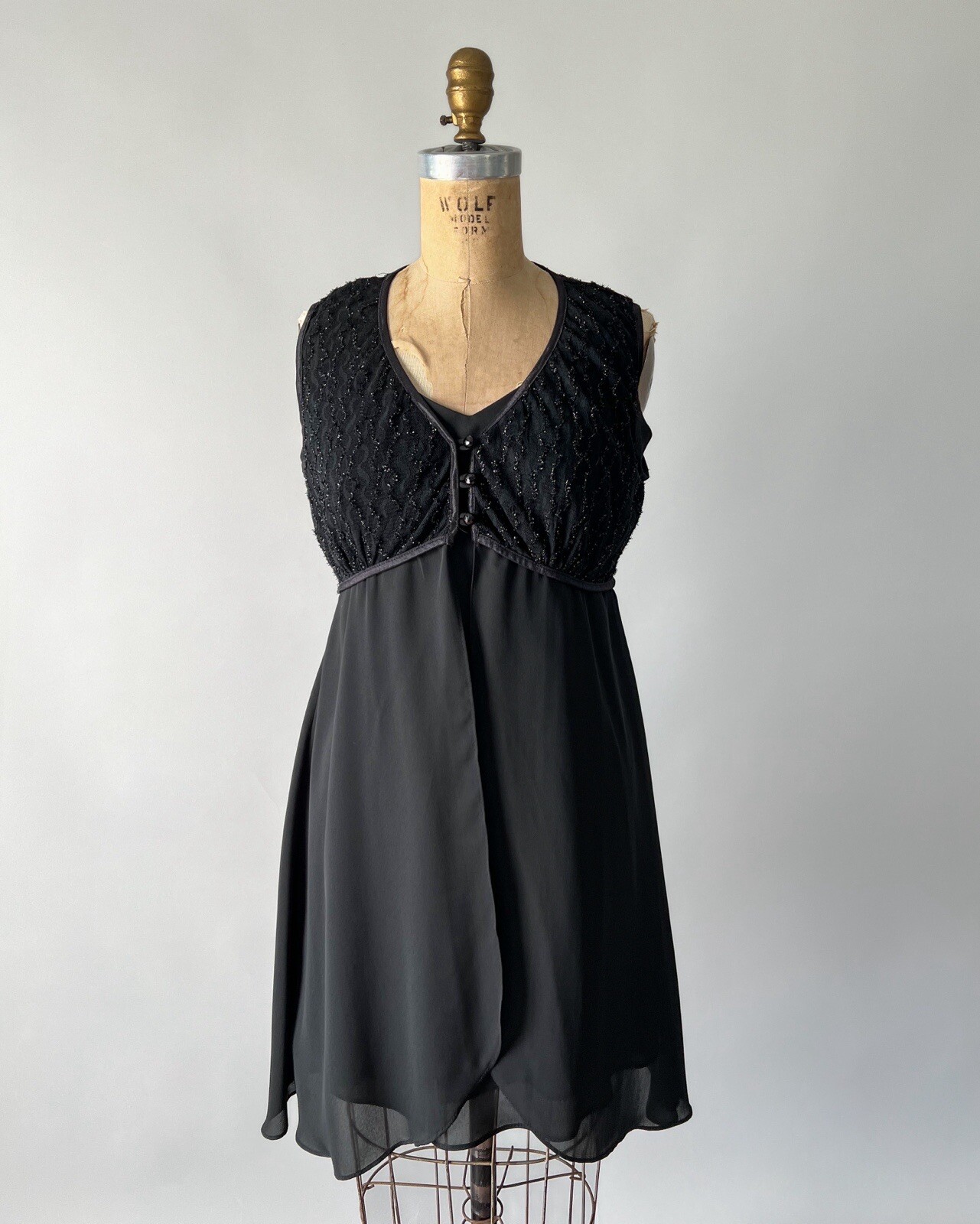 Vintage 1990s Black Chiffon Lace Babydoll Mini Slip Dress Sheer Overlay Sz M