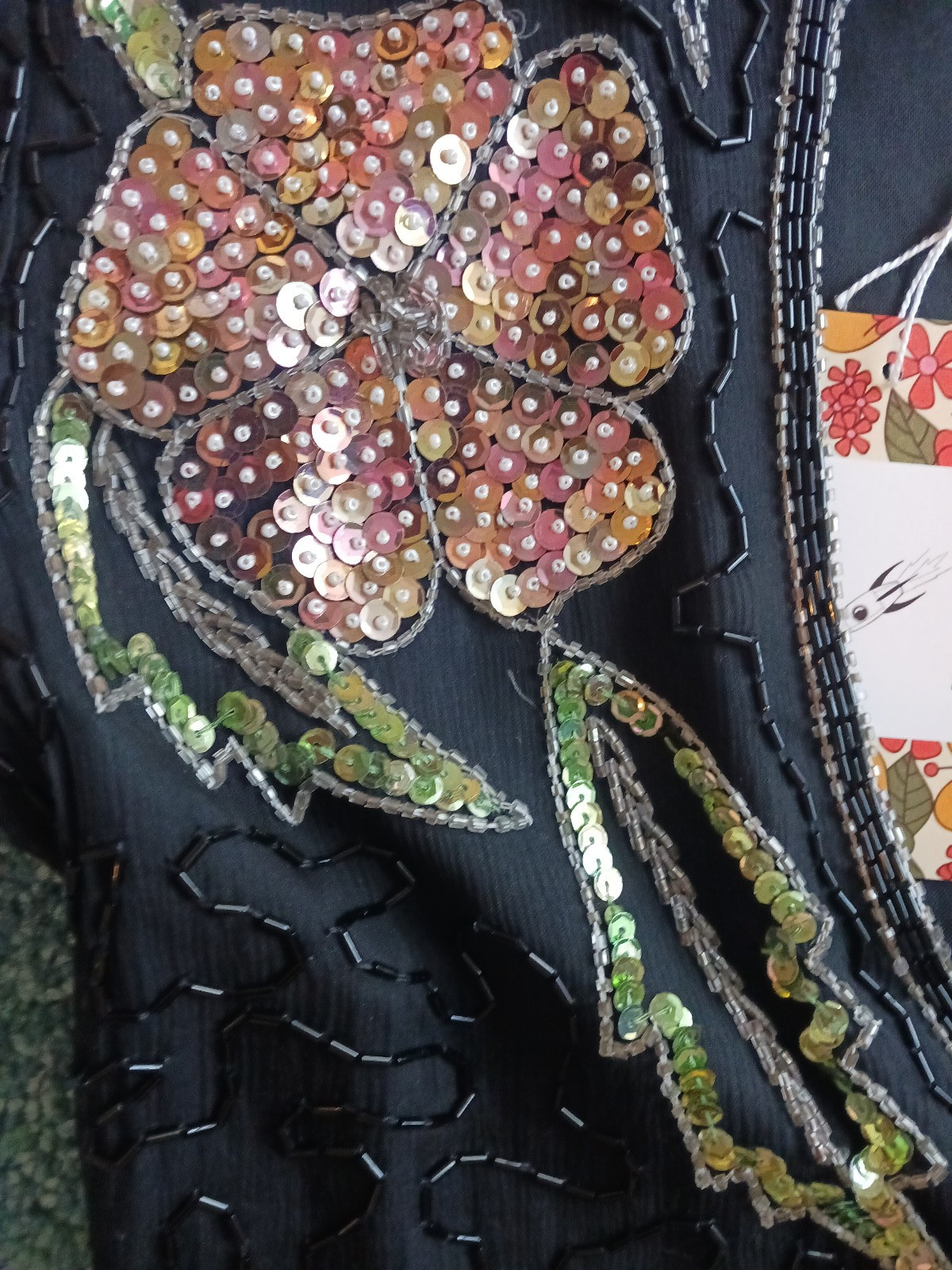 Vintage Black Floral Beaded and Sequin Midi Dress by Scala, Small