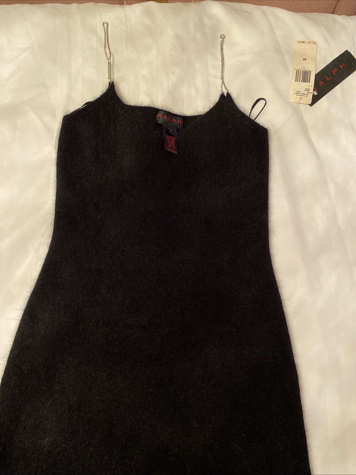 Vintage Ralph Lauren Black Angora Dress W Rhinestone Straps. Sz M. New With Tags