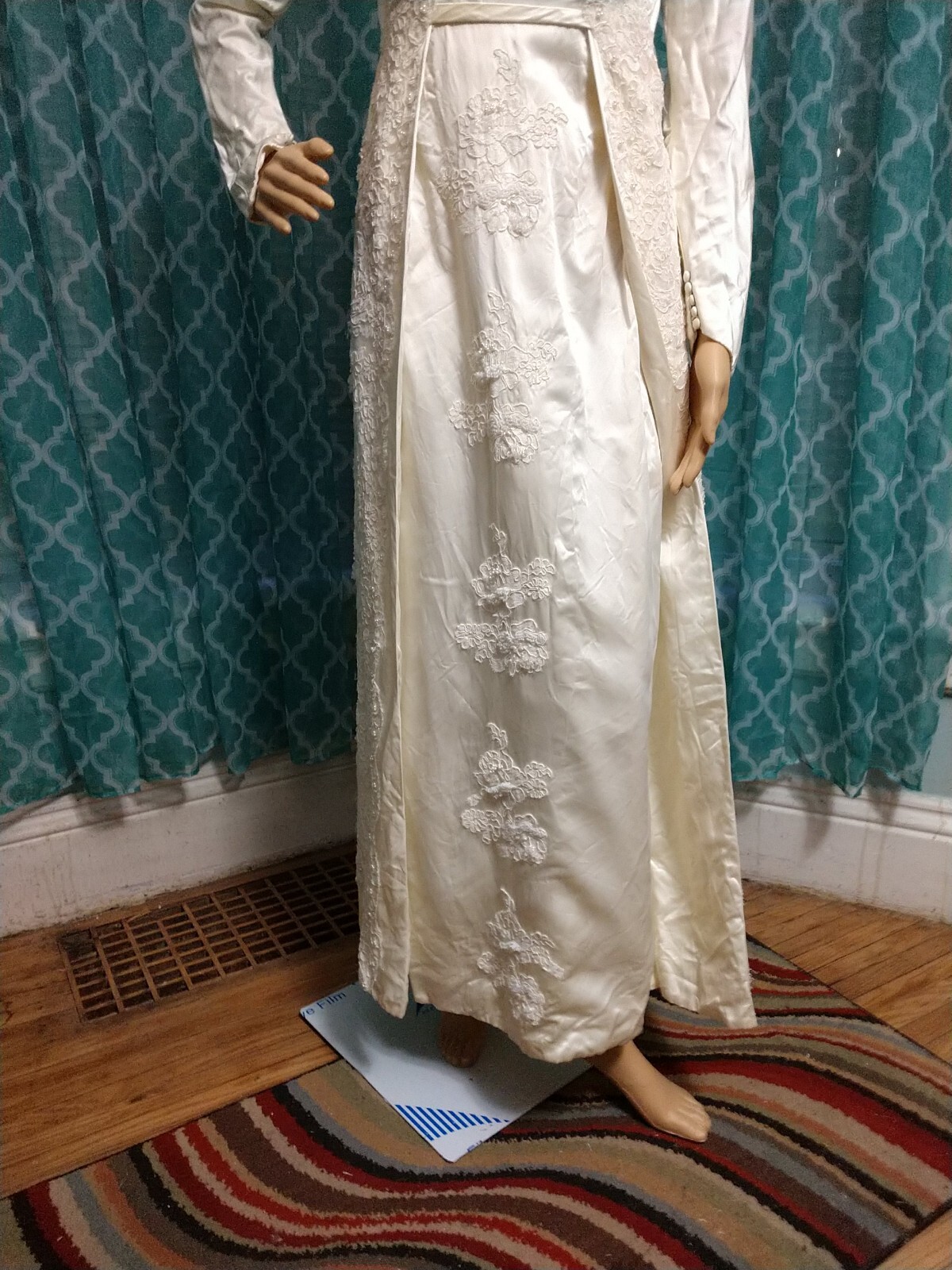Vintage 1960’s Juliet champagne Satin Wedding gown Long Sleeves Empire waist