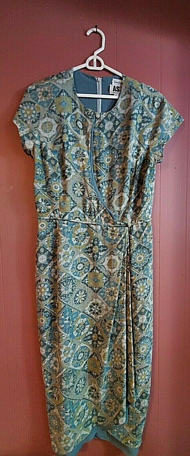 Vintage ASNY Anthony Sicari Neiman Marcus Women Sz14 Blue/Green Faux Wrap Dress
