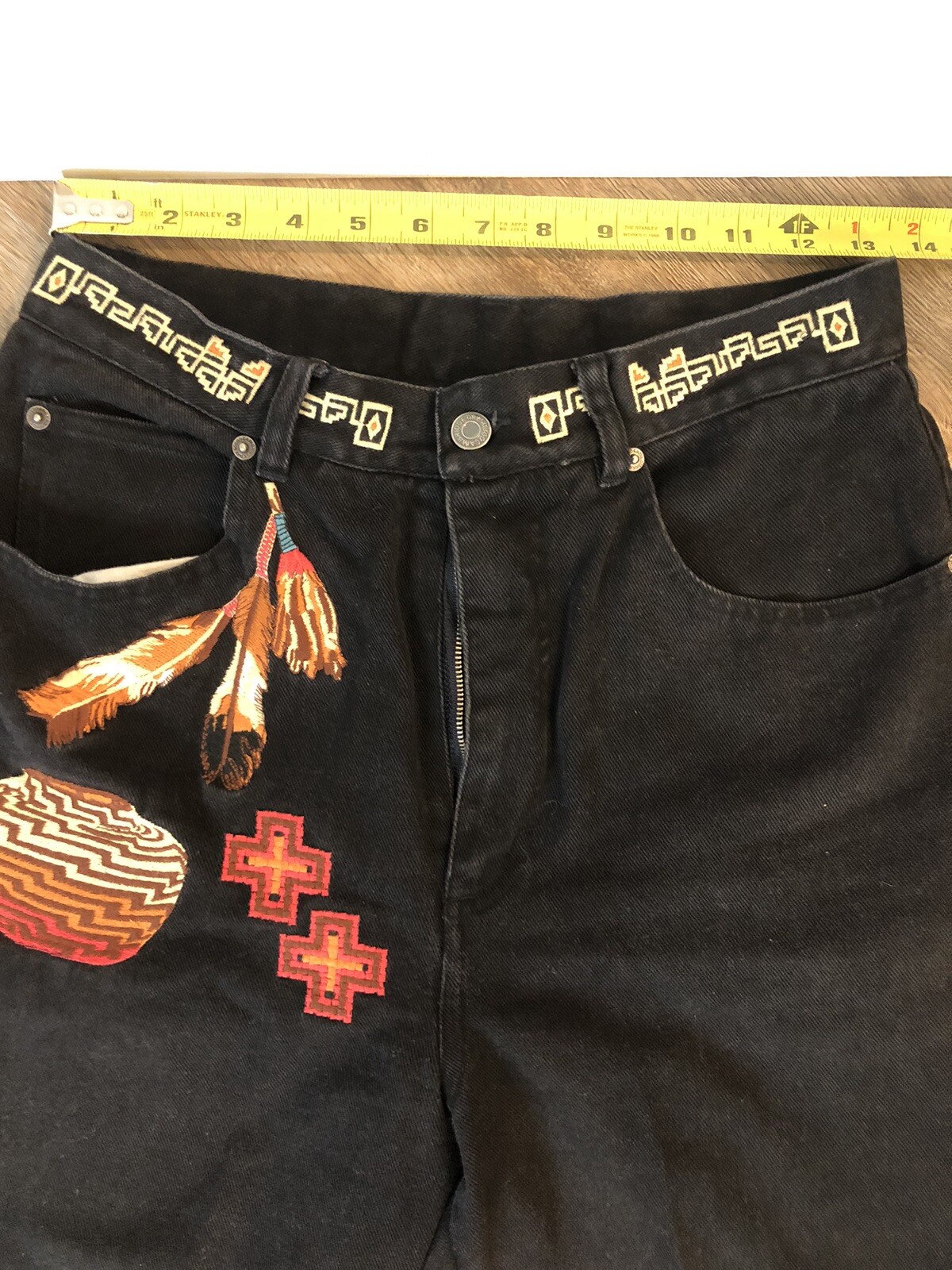 90s Cambridge Dry Goods Native Feather Kachina Black Tapered Jeans Size 10