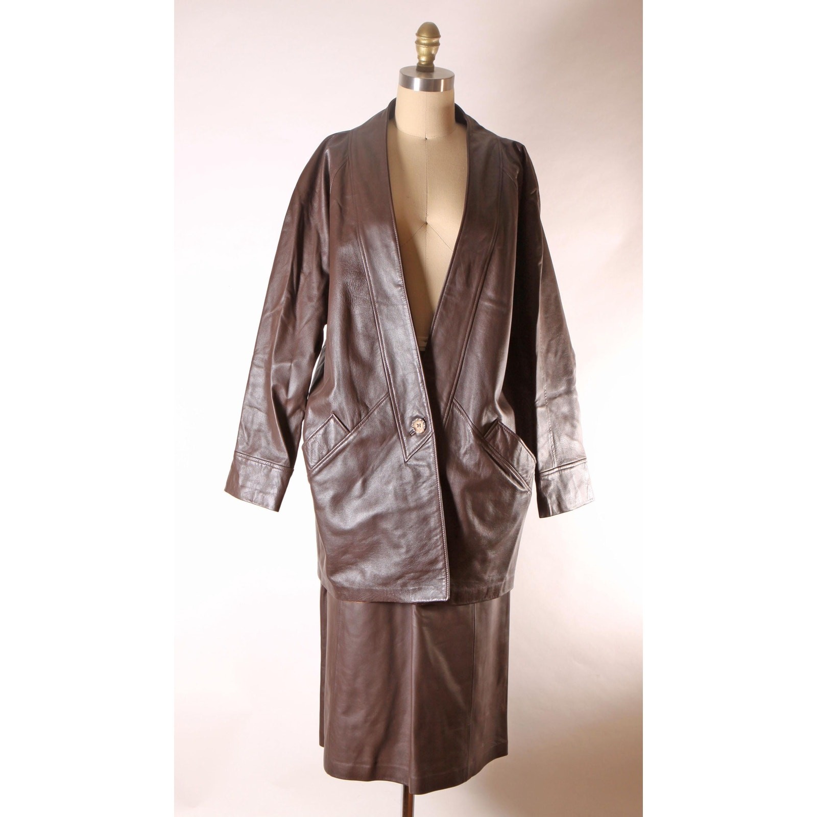 Deadstock Late 1970s Early 1980s Brown Leather Jacket with Matching Skirt Suit