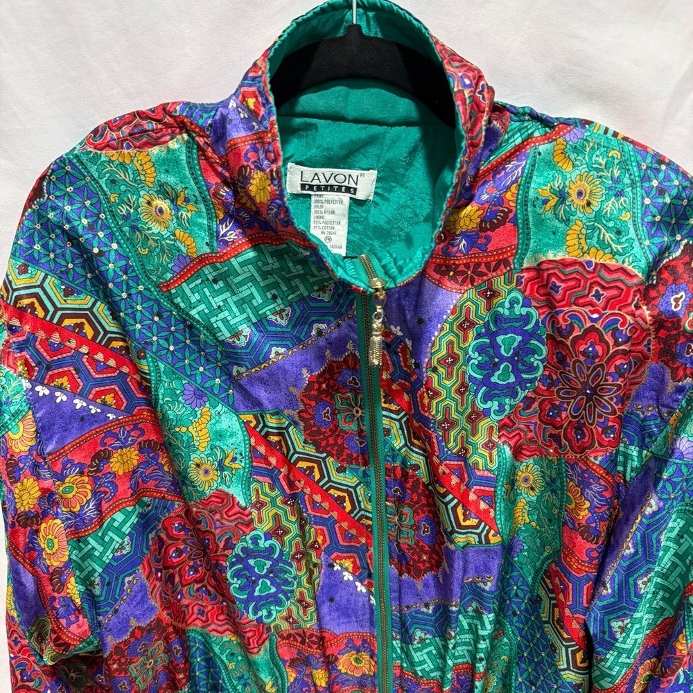 Lavon Petites PM Vintage Windbreaker Jacket Festival Retro Patchwork Print Event