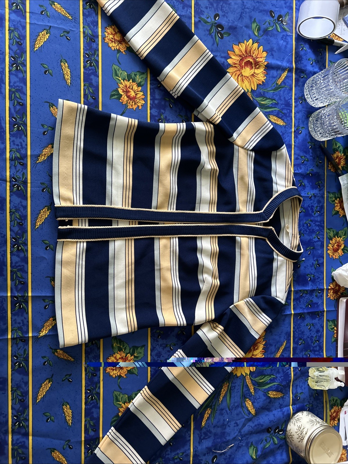 Vtg Lady Carol of New York 2 Pc Navy Knit Dress With Belt & Open Striped Jacket