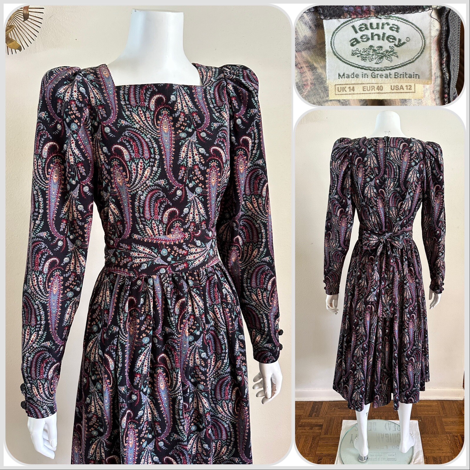1980s Laura Ashley Paisley Floral Corduroy Dress Puff Sleeve Party Prairie VTG