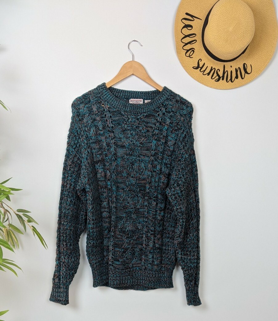 Vintage 80s 90s Chunky Knit Sweater Mens M Womens L Unique Teal Grey Tan