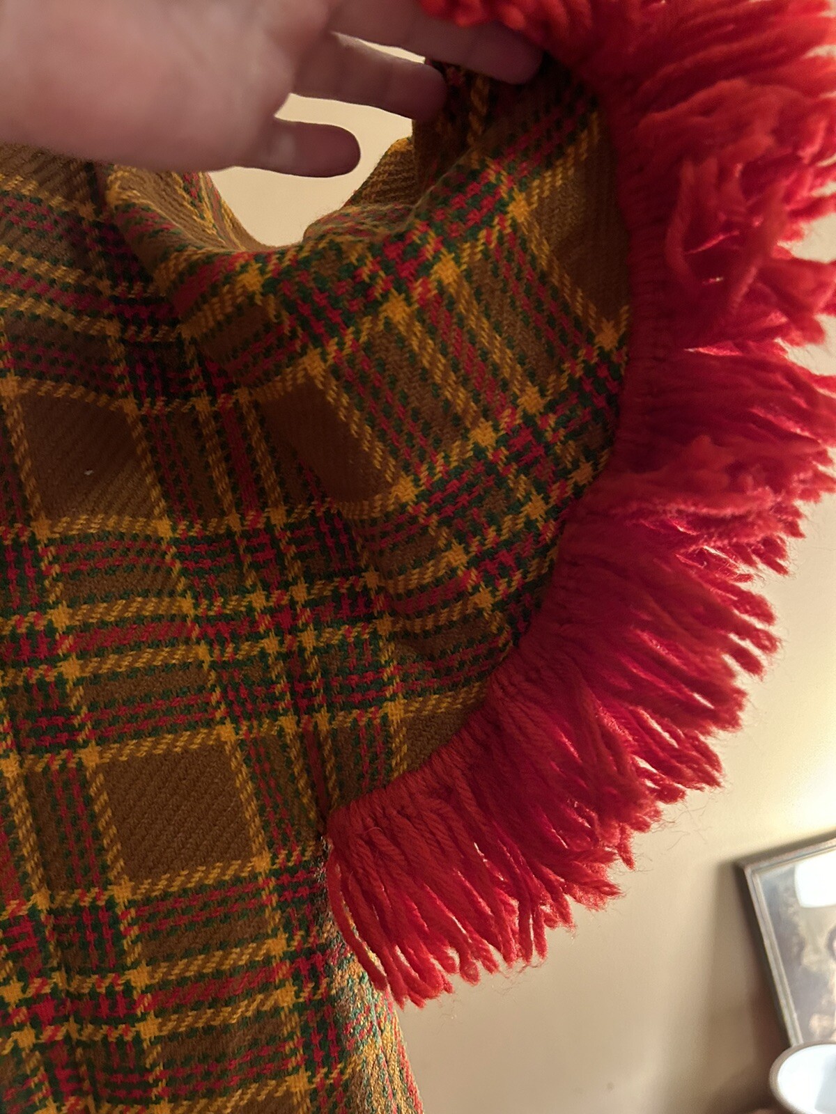 Vtg mid century plaid cape jacket fringe groovy modern boho needs repair on trim