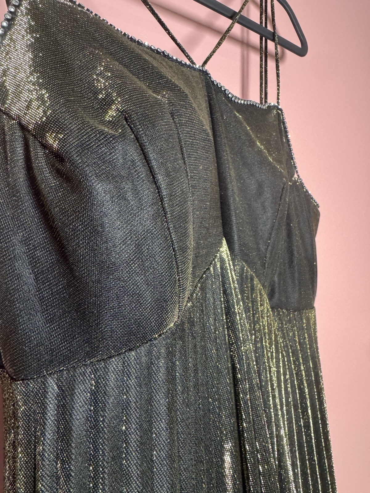 Filigree Ltd Pleated Dress Women M Black Gold Good Metallic Rhinestone Vintage
