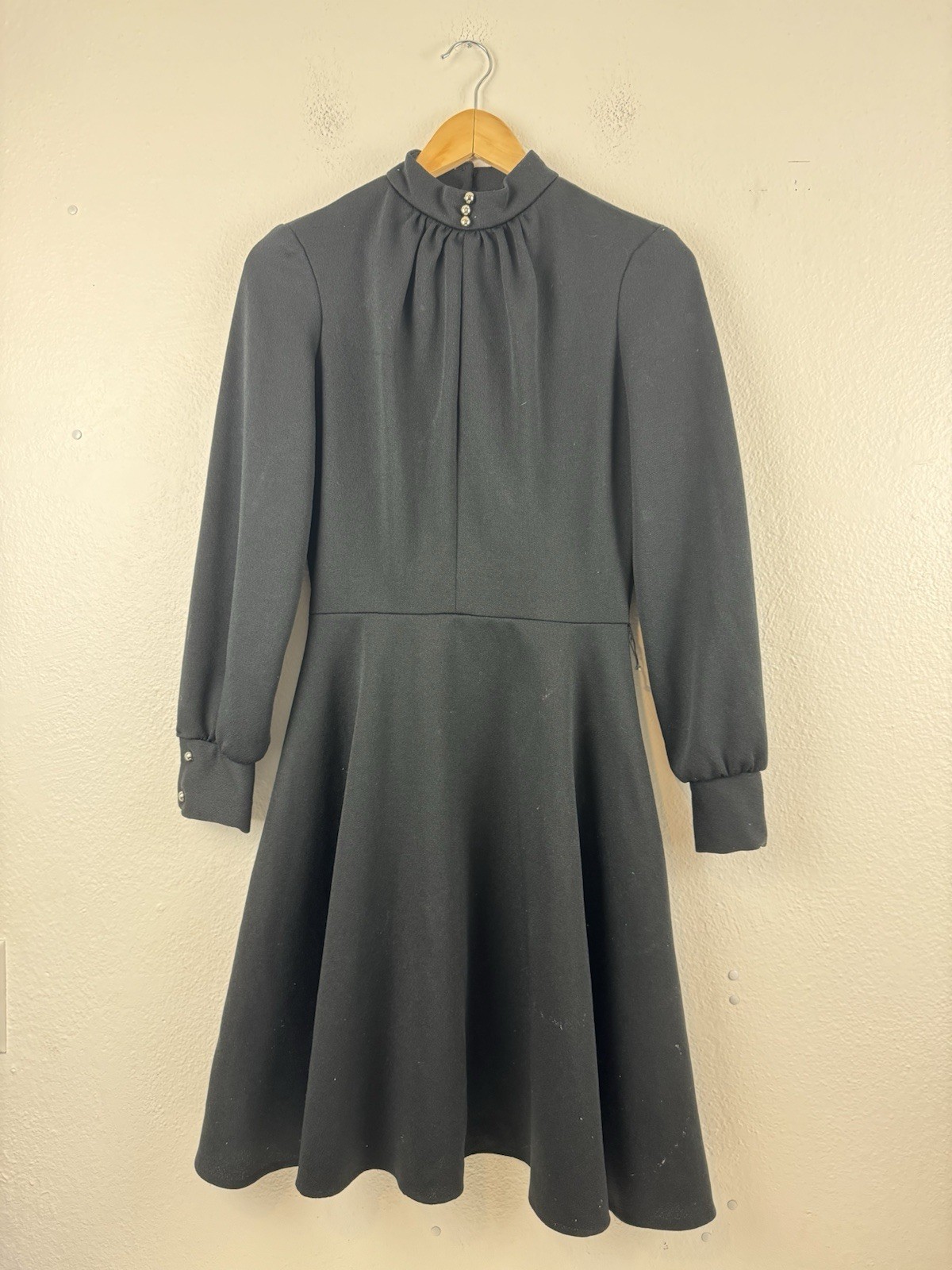 Vintage 1970s Montgomery Ward Black Dress High Collar Chest Cut Out
