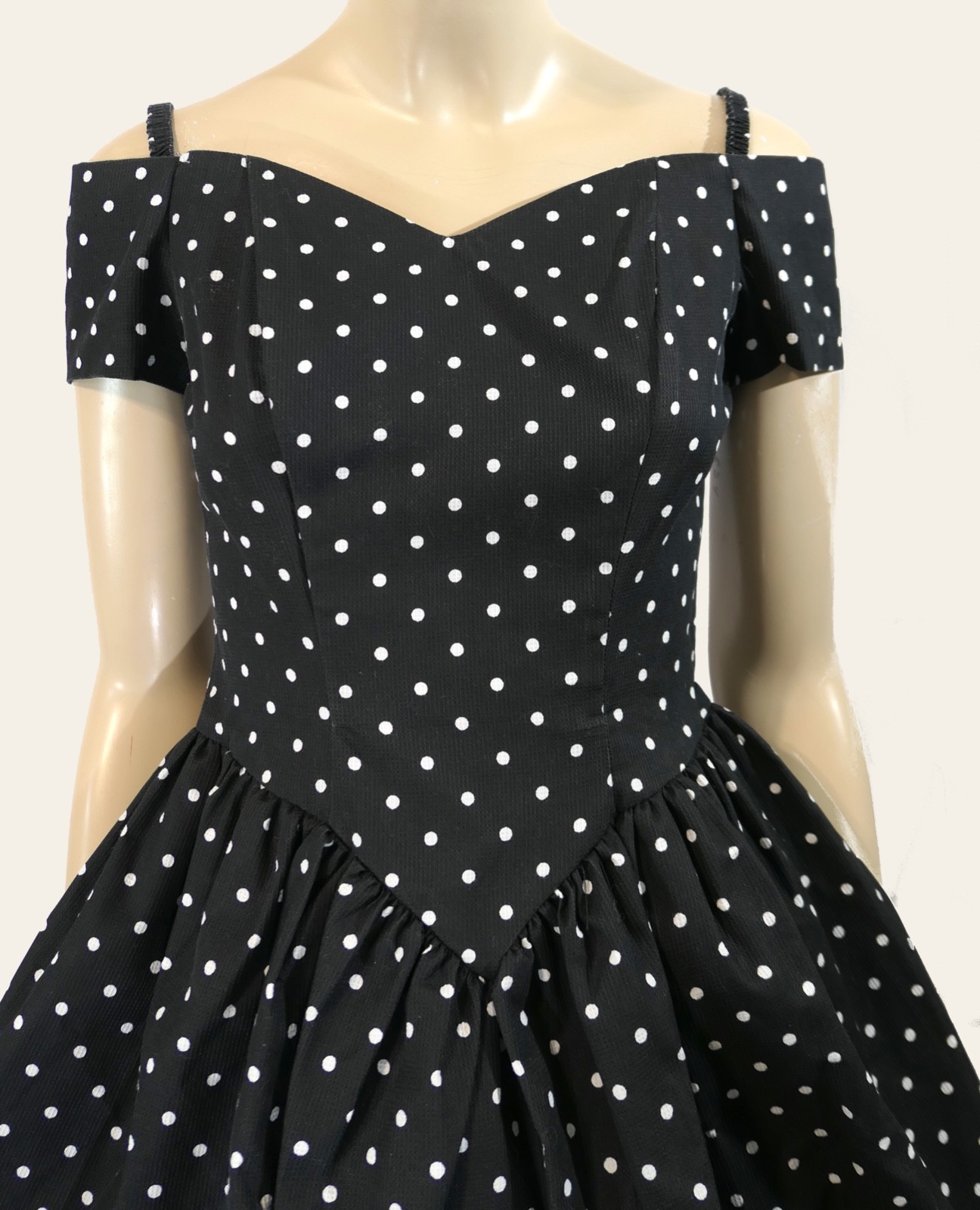 Vintage 80s New Wave Cold Shoulder Crisp Fit Flare Tulle Polka Dot Mini Dress XS