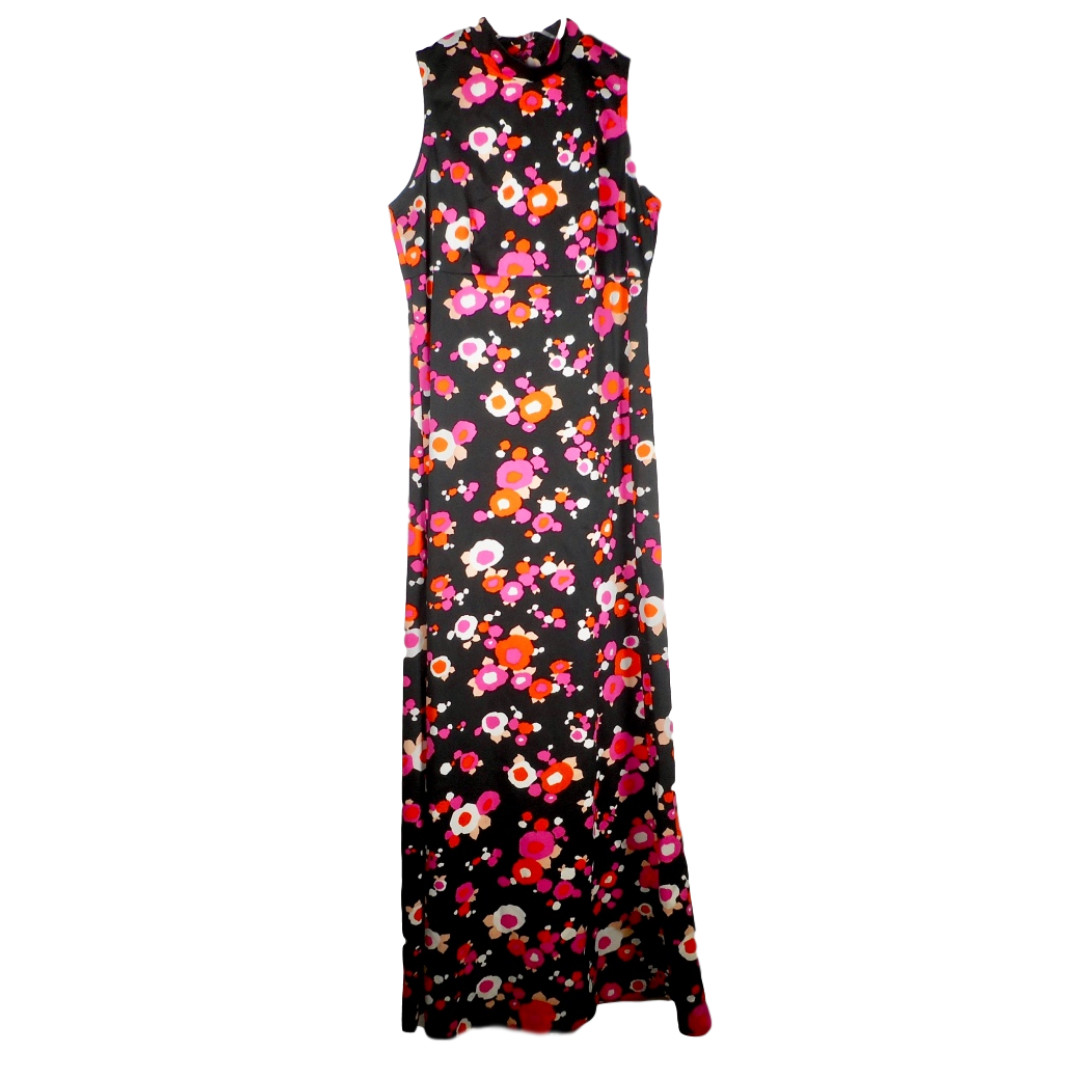 VTG 70s Original Black Fun Flower M L 10 Maxi Dress Mod Handmade Pink Hippie