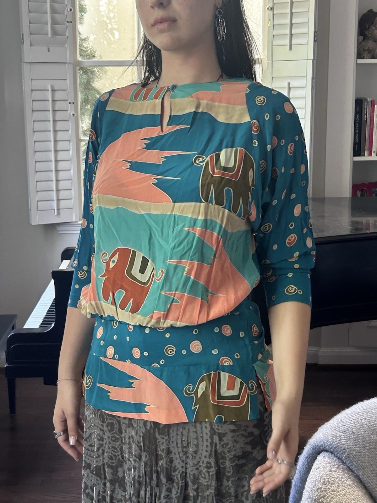 Vintage Silk Scapes M Hand Dyed 100% Silk Blouse Drop Waist Elephants