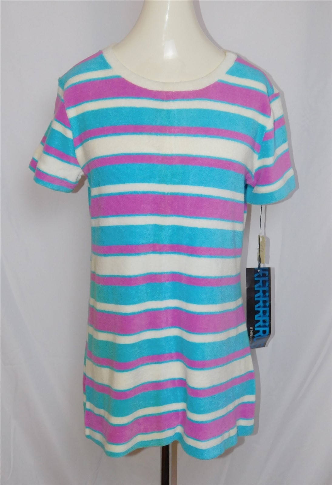 Vtg RUSS Womens Terry Cotton Top Tee Shirt Purple Blue White Stripe Medium NWT