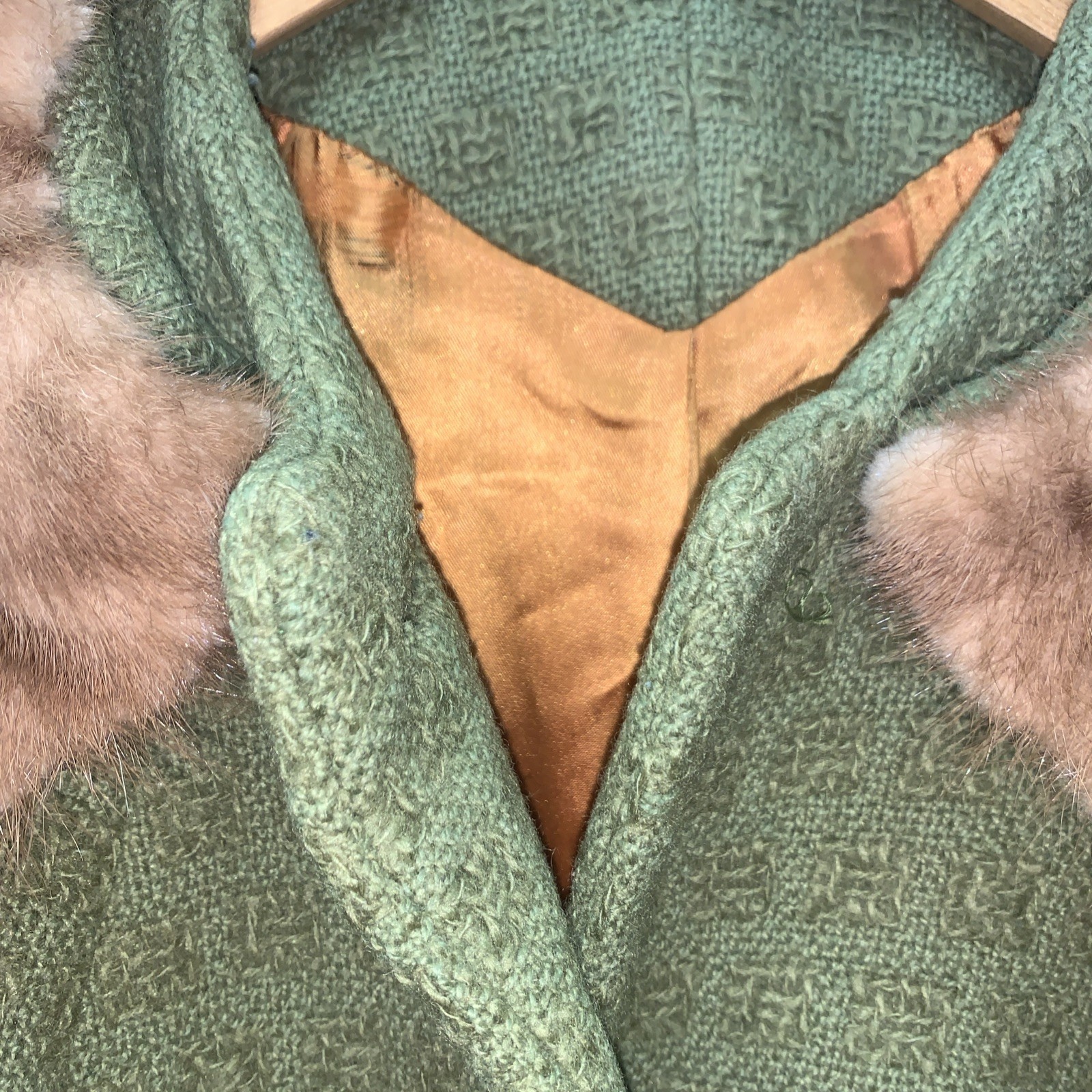 Vintage 50s 60s Tweed Wool Fox Fur Collar Swing Green Coat M USA Union Made