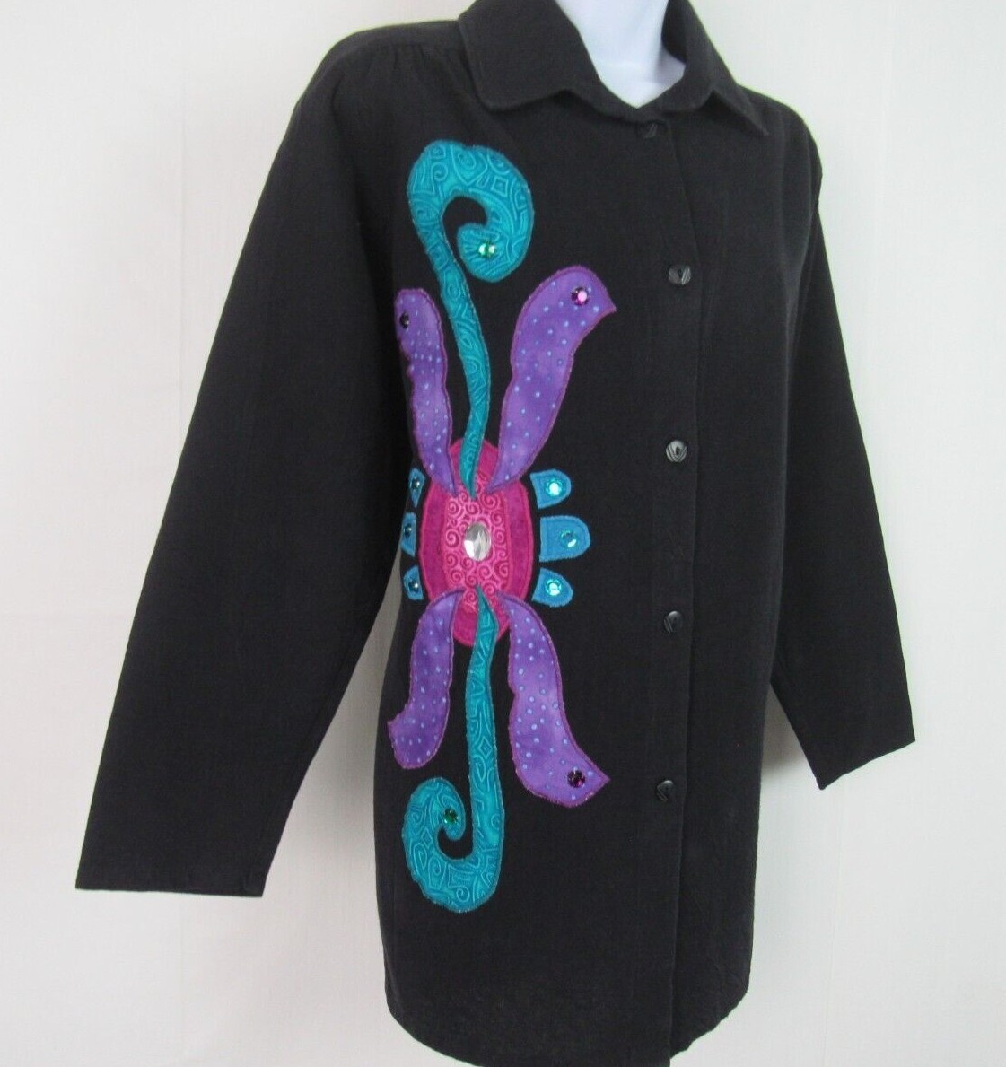 VTG 1970s 80s ALFREDO’S WIFE COTTON BUTTON FRONT SHIRT BLACK ETHNIC PATTERN SM