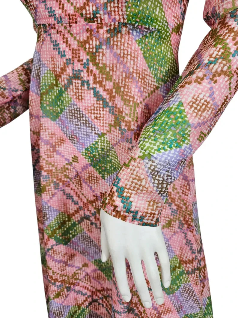1970s Pink Green Pixelated Plaid Nylon Maxi Dress I Sz Sm I Leg o Mutton Sleeves