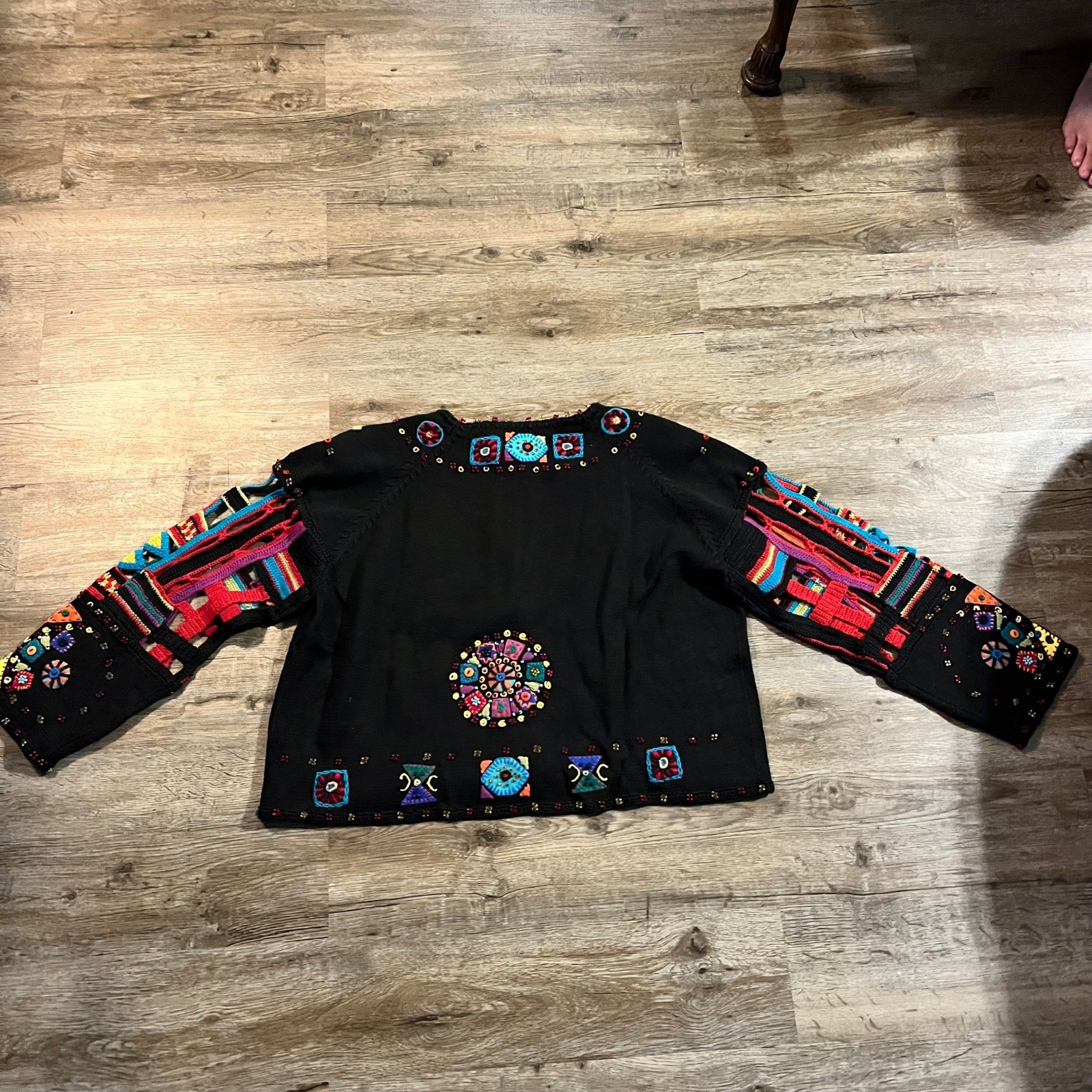 Michael Simon Vntg Beaded Embroidered Cardigan Black Multi Color Art Knit 2