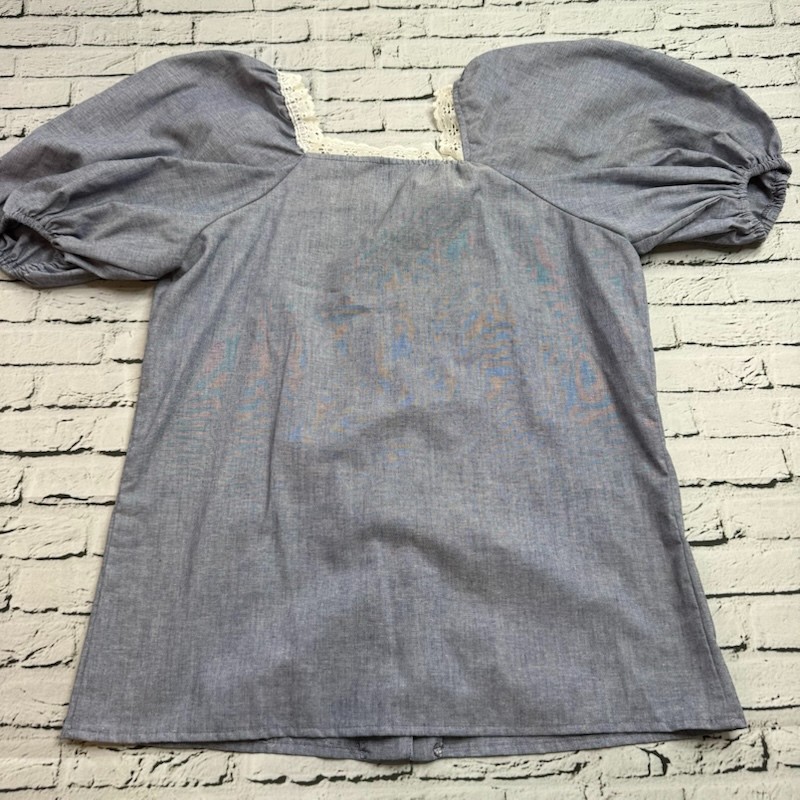 Vintage Jeri Bee Square Dance Cottagecore Lace Collar Western Blouse Top Blue