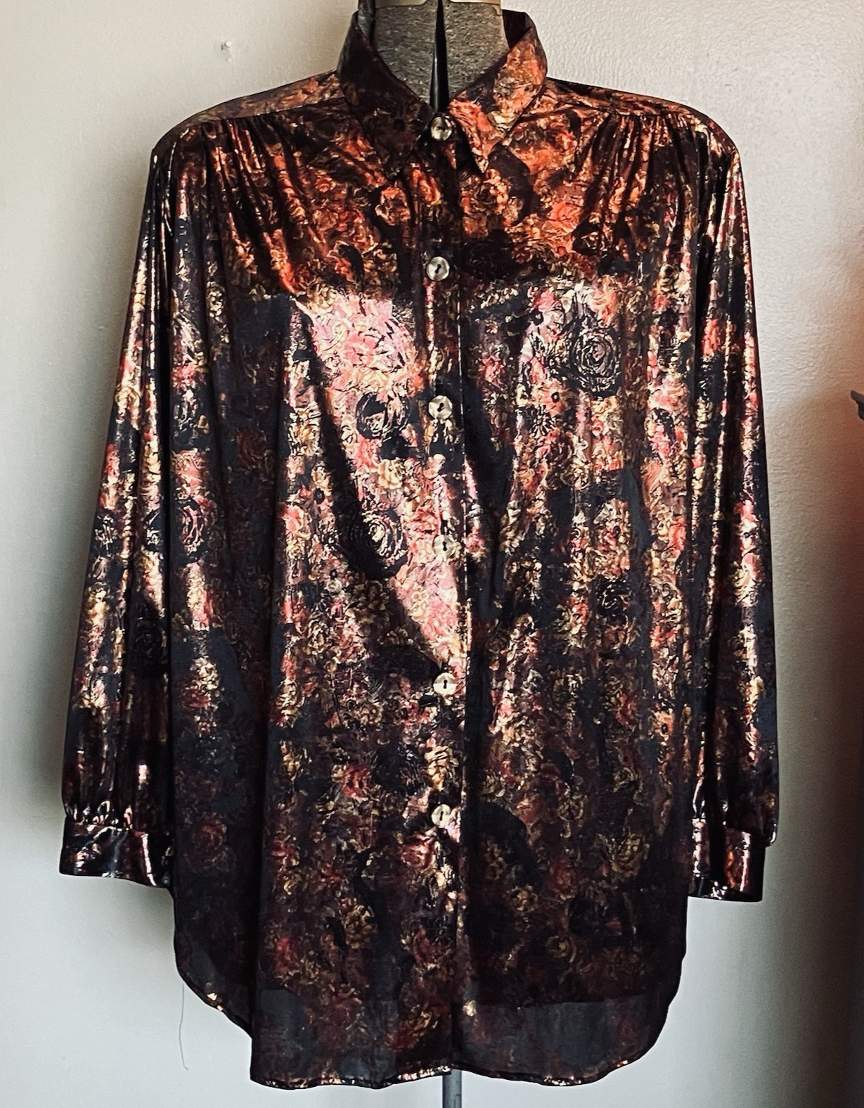 VTG Foil Button Down Blouse 22w Joanne Plus Black Rose Gold Long Sleeve 80s 90s