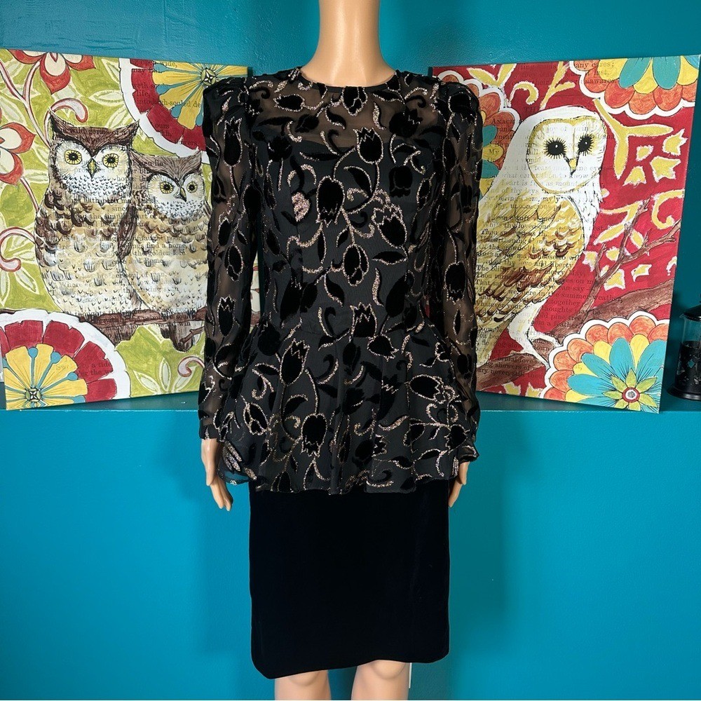 Vintage Cachet by Bari Protas Dress Women’s S Black Velvet Peplum Tulip Floral