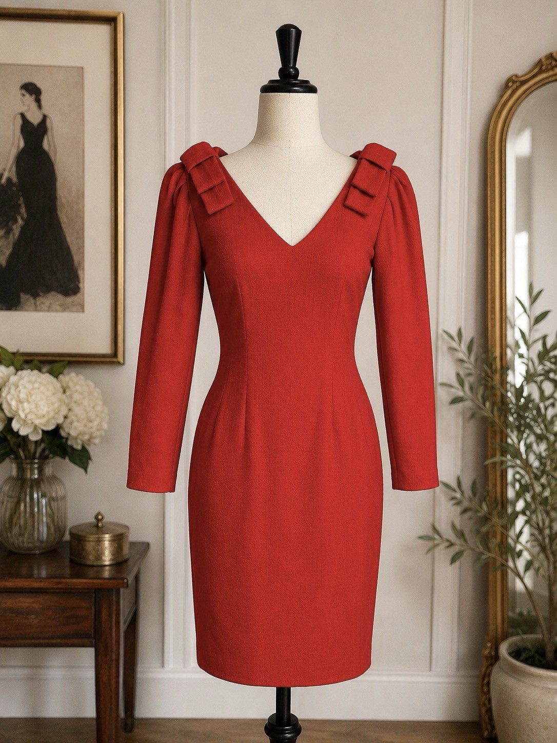 Vintage 80s Red Cocktail Dress Bodycon Midi Long Sleeve Bow Detail Formal Sz 5/6