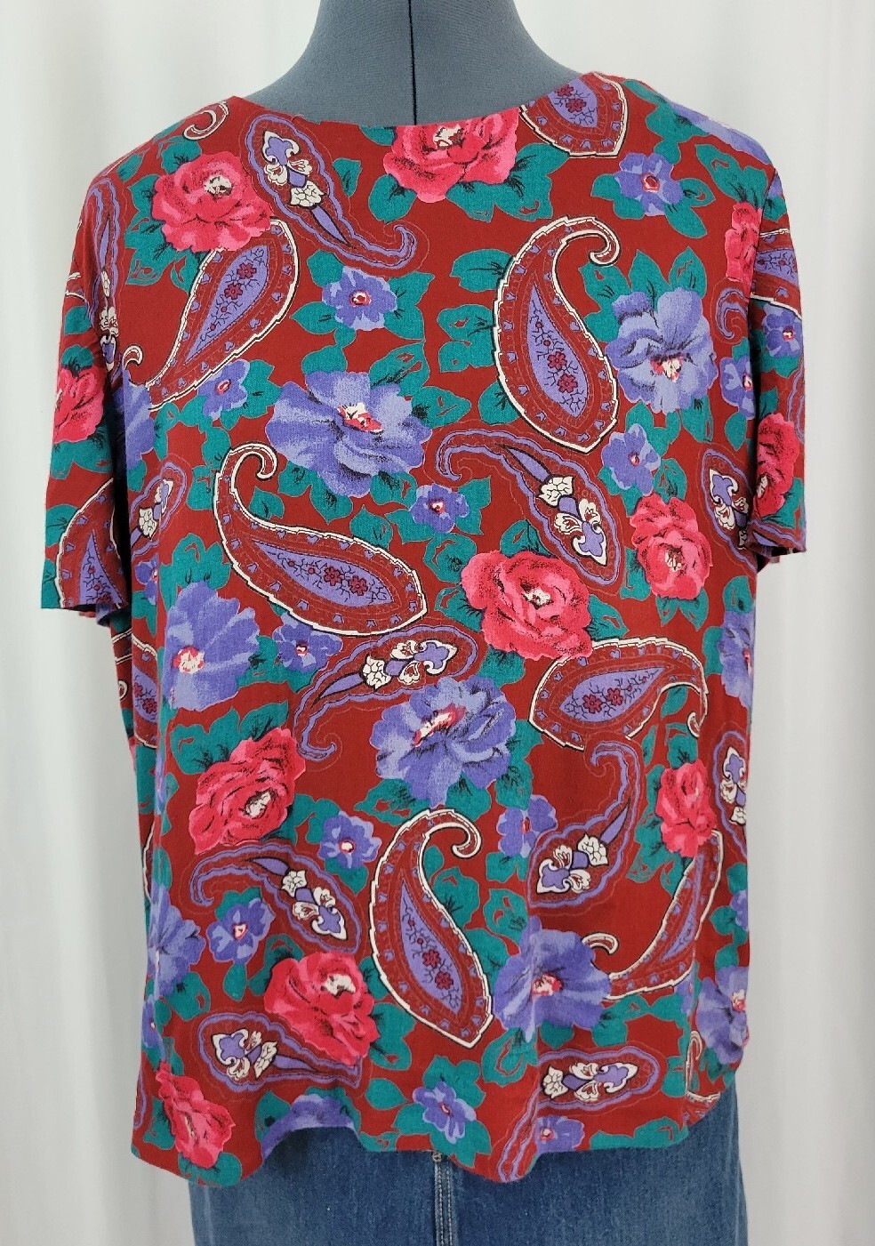 Vintage Burgundy S/S Blouse with Red/Purp/Teal Florals & Paisley Size XL?