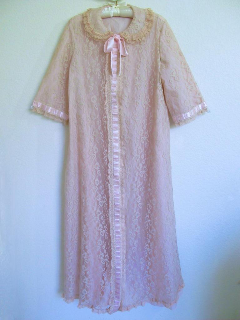 Vtg 50s Odette Barsa Lace Robe Satin Ribbon Bow Dressing Gown Tearose Pink M L